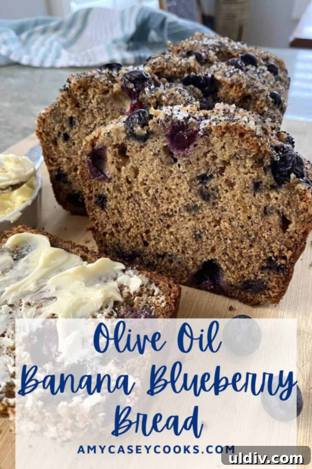 sliced olive oil banana blueberry bread.