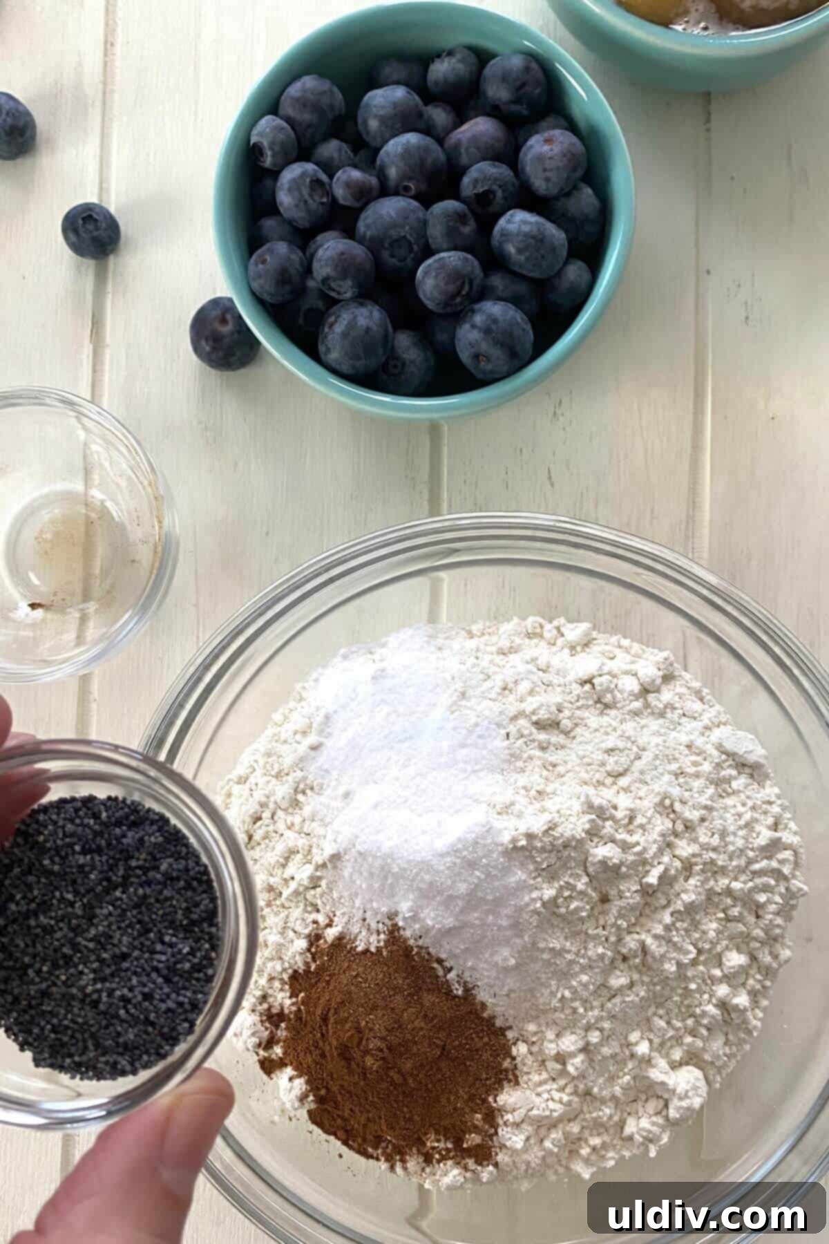 Mediterranean Olive Oil Banana & Blueberry Loaf 4 adding poppy seeds to dry ingredients for olive oil banana bread.