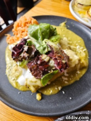 Savoring Amerikas A Delicious Dive into Nuevo Latino Flavors 7 Chicken Enchiladas with green salsa, chihuahua cheese, onions, cilantro, and rice.