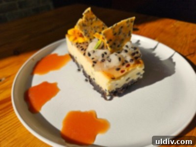 Savoring Amerikas A Delicious Dive into Nuevo Latino Flavors 8 Dragon Fruit Cheesecake decorated with golden crisps and edible flowers.