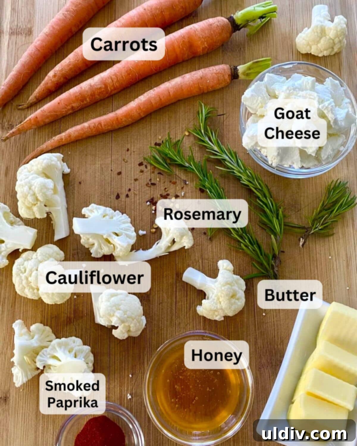 Honey-Glazed Roasted Carrots and Cauliflower with Tangy Goat Cheese 3 Carrots, cauliflower, goat cheese, butter, honey, rosemary, smoked paprika on a cutting board, ready for preparation.