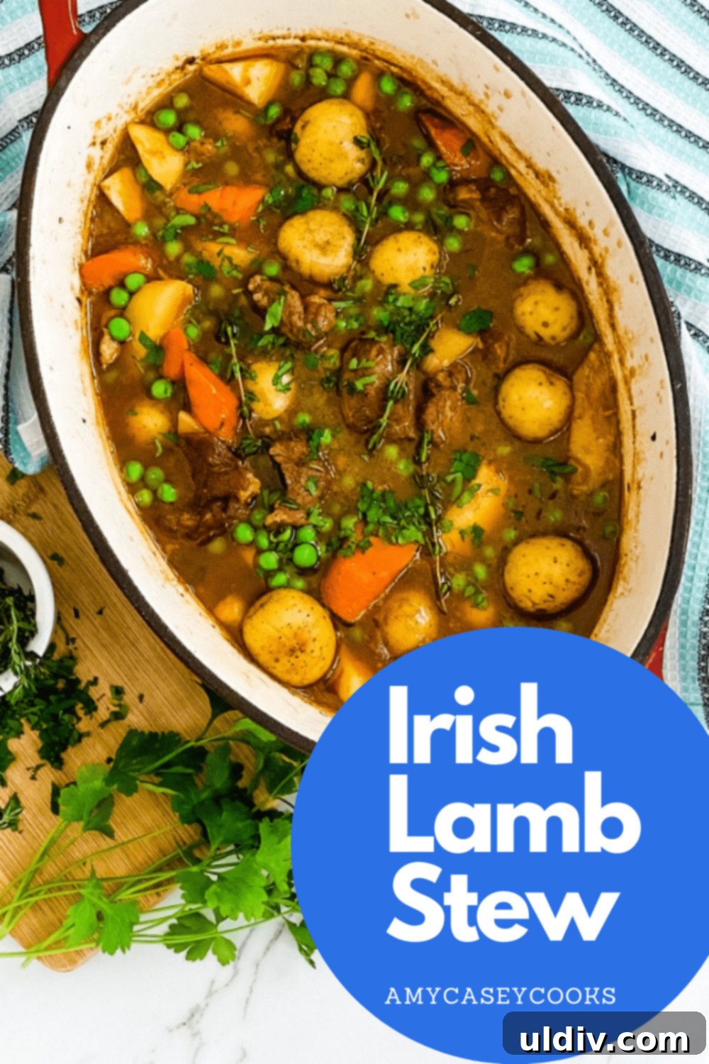 Traditional Irish Lamb Stew with a Guinness Kick 9 A large pot of Irish stew, brimming with tender lamb, Guinness beer, potatoes, carrots, and peas, ready to be served.