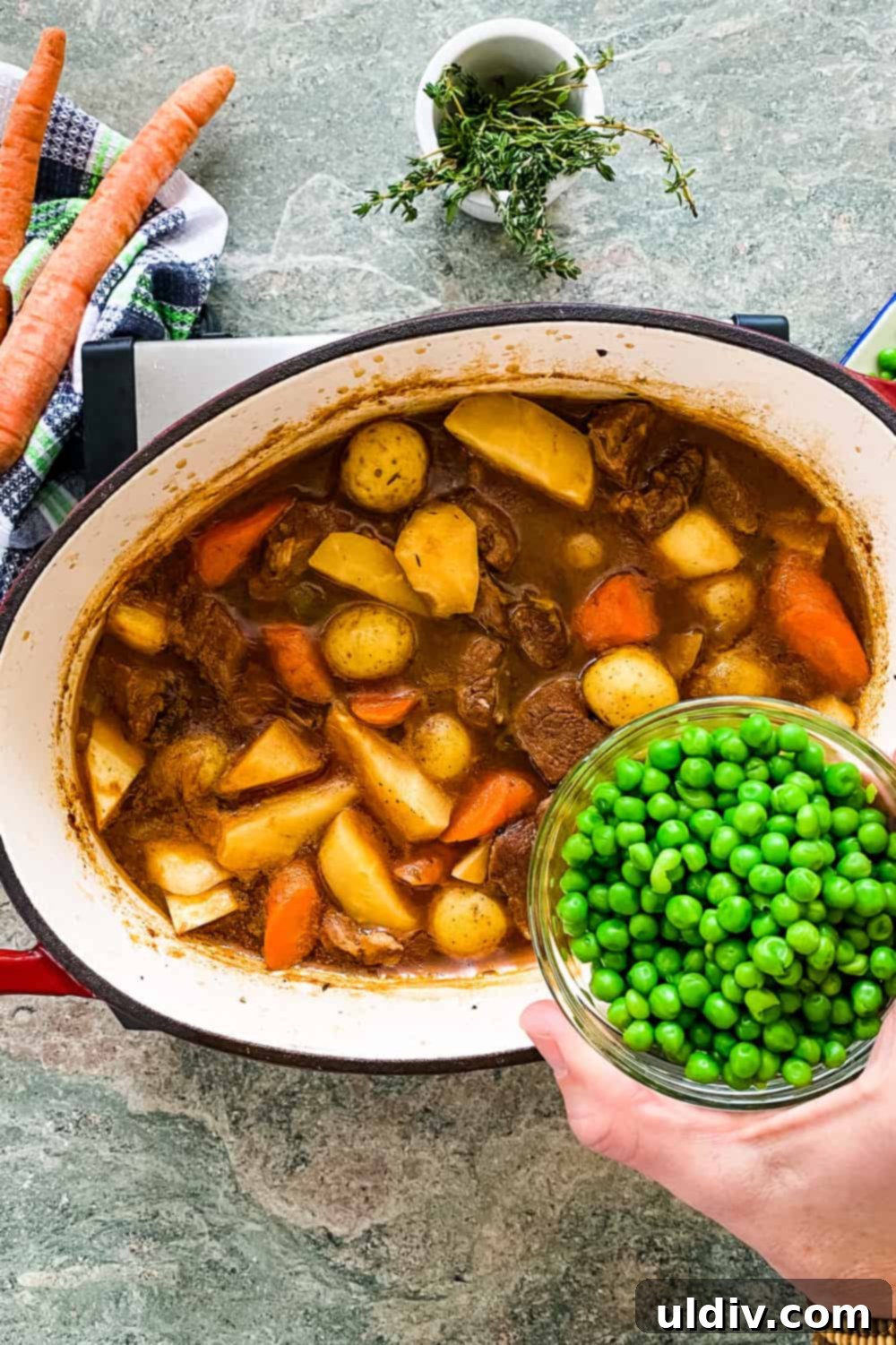 Traditional Irish Lamb Stew with a Guinness Kick 7 Fresh green peas being added to a rich Irish Lamb Stew with Guinness, enhancing its color and flavor.