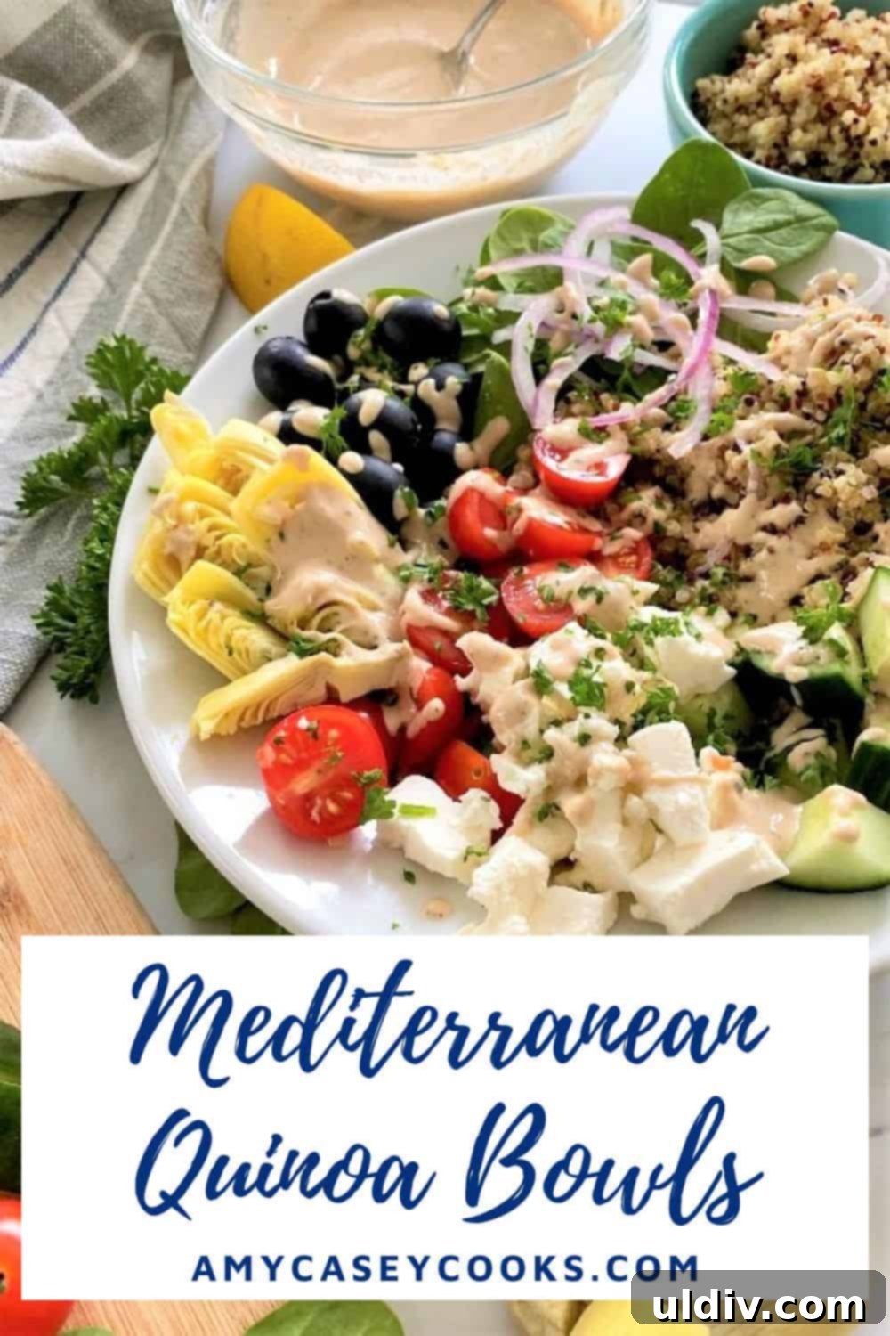 Maple Tahini Mediterranean Quinoa Bowls 6 quinoa bowl with artichokes, spinach, tomatoes