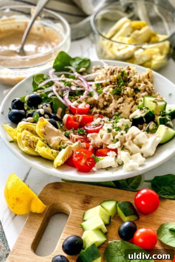 Maple Tahini Mediterranean Quinoa Bowls 7 quinoa bowls with artichokes, olives, feta and tahini dressing