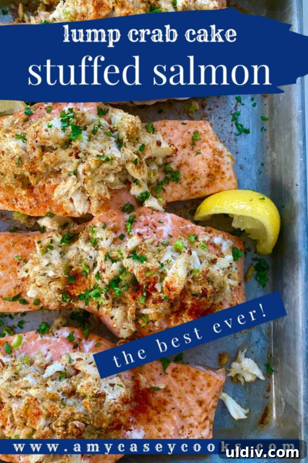 Crab-Filled Salmon Perfection 10 A stunning close-up of baked crab stuffed salmon with a lemon wedge, perfectly plated.