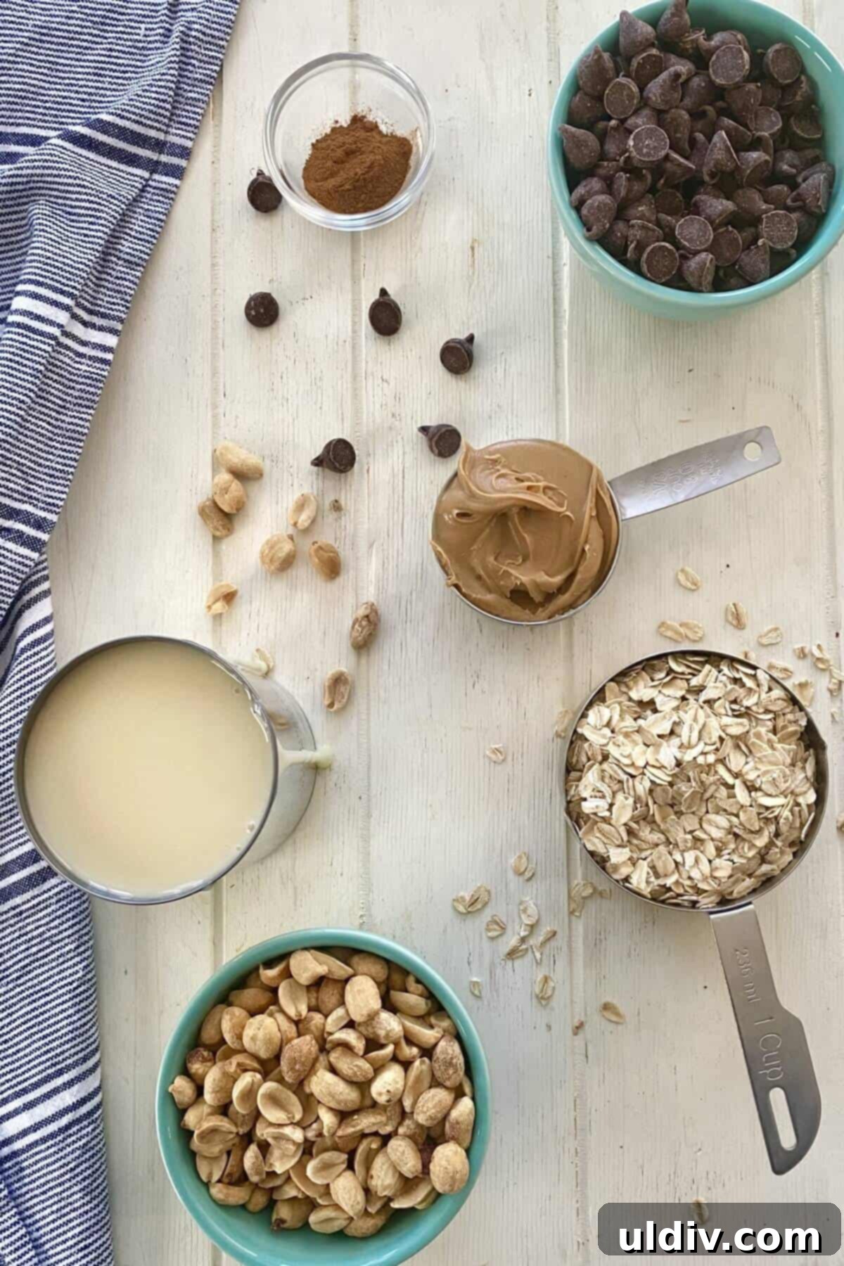Chewy Chocolate Chip Peanut Butter Oat Bars 4 A collection of ingredients for oat bars: oats, peanuts, peanut butter, condensed milk, chocolate chips, and cinnamon.