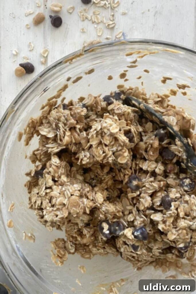 Chewy Chocolate Chip Peanut Butter Oat Bars 7 A spatula mixing the thick peanut butter oat bar ingredients in a bowl.