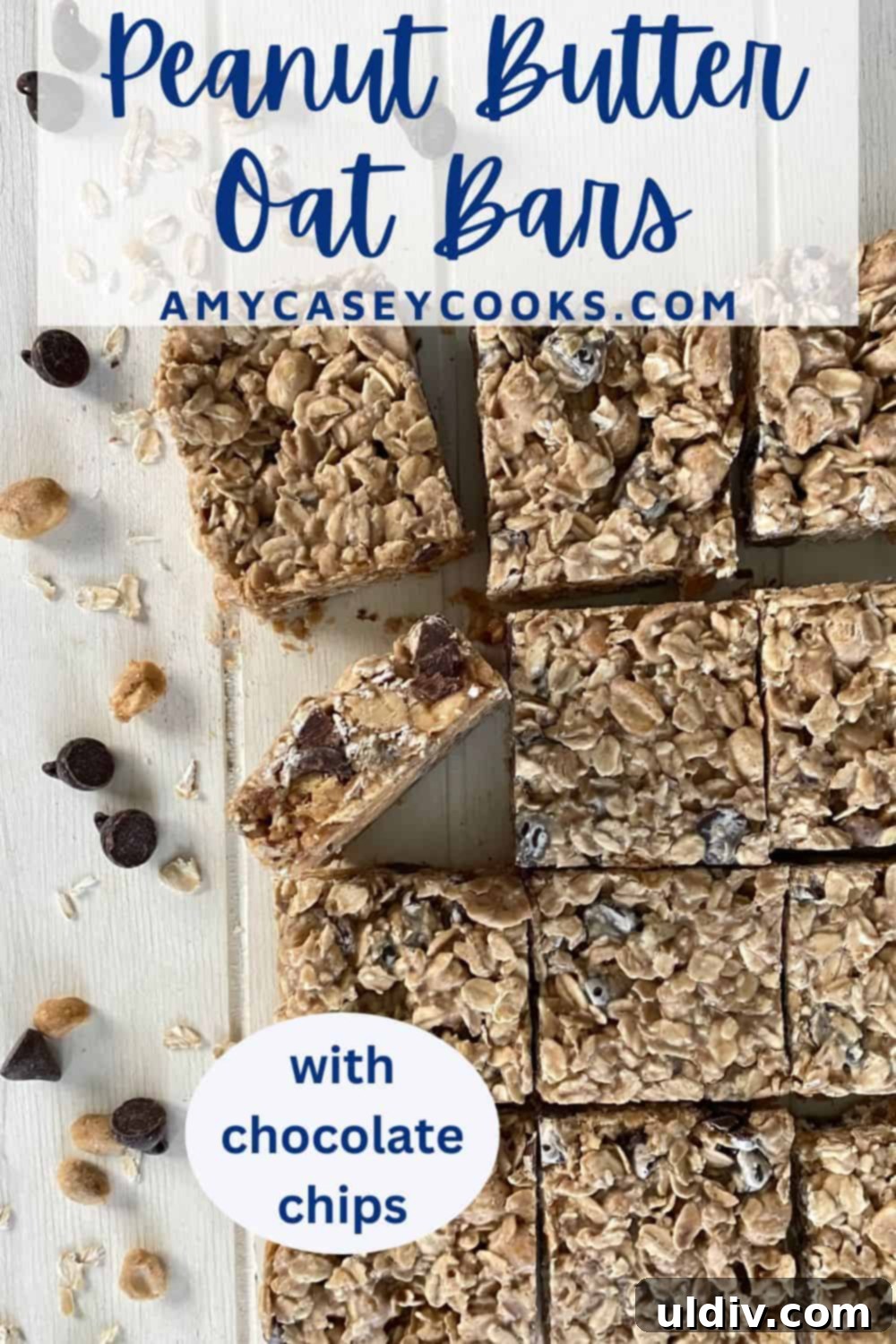 Scrumptious Peanut Butter Chocolate Chip Oat Bars 10 A beautifully arranged image of peanut butter oat bars, suitable for Pinterest.