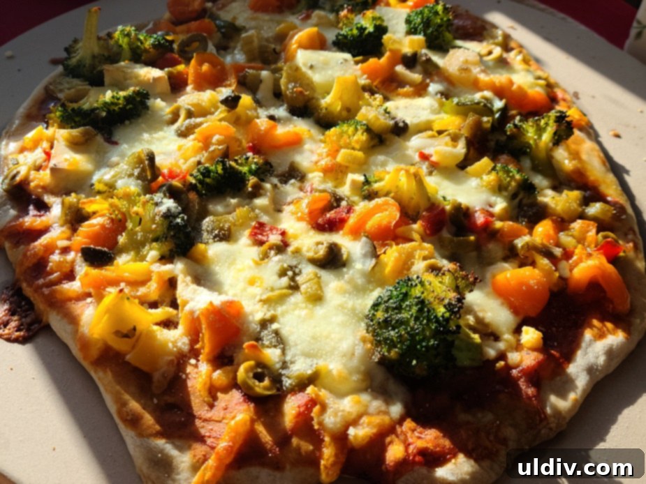 Bake Delicious Pizza at Home 6 Broccoli pizza baking on a round pizza stone, showcasing the effect of direct heat.