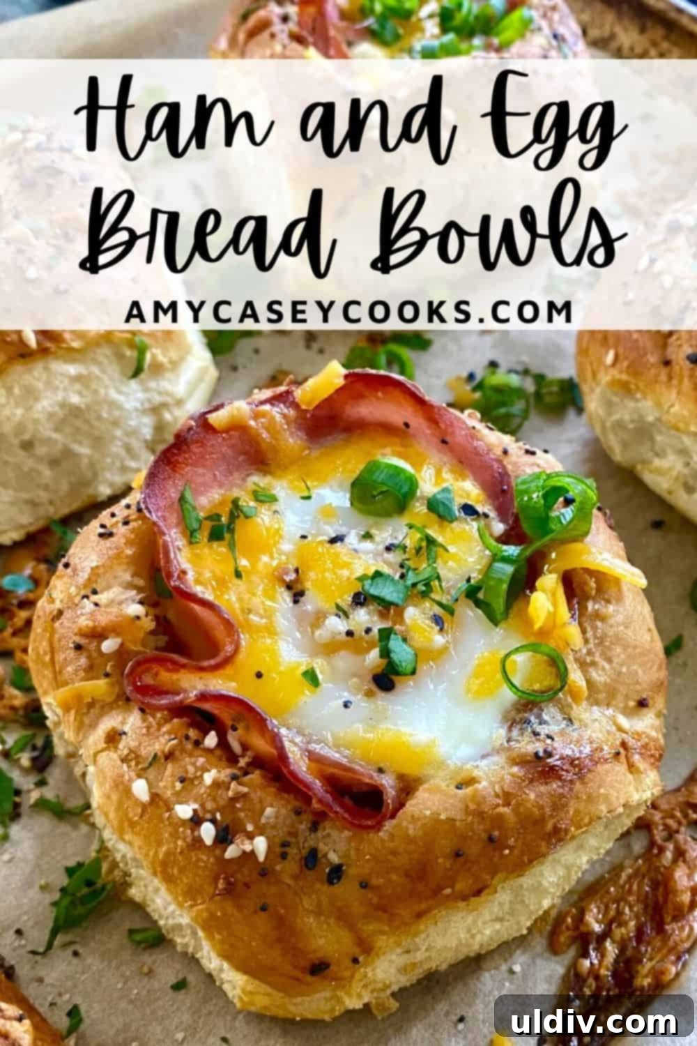 Ham and Egg Bread Bowls 10 A close-up of a rustic ham and egg sandwich bread bowl, ready to be enjoyed.