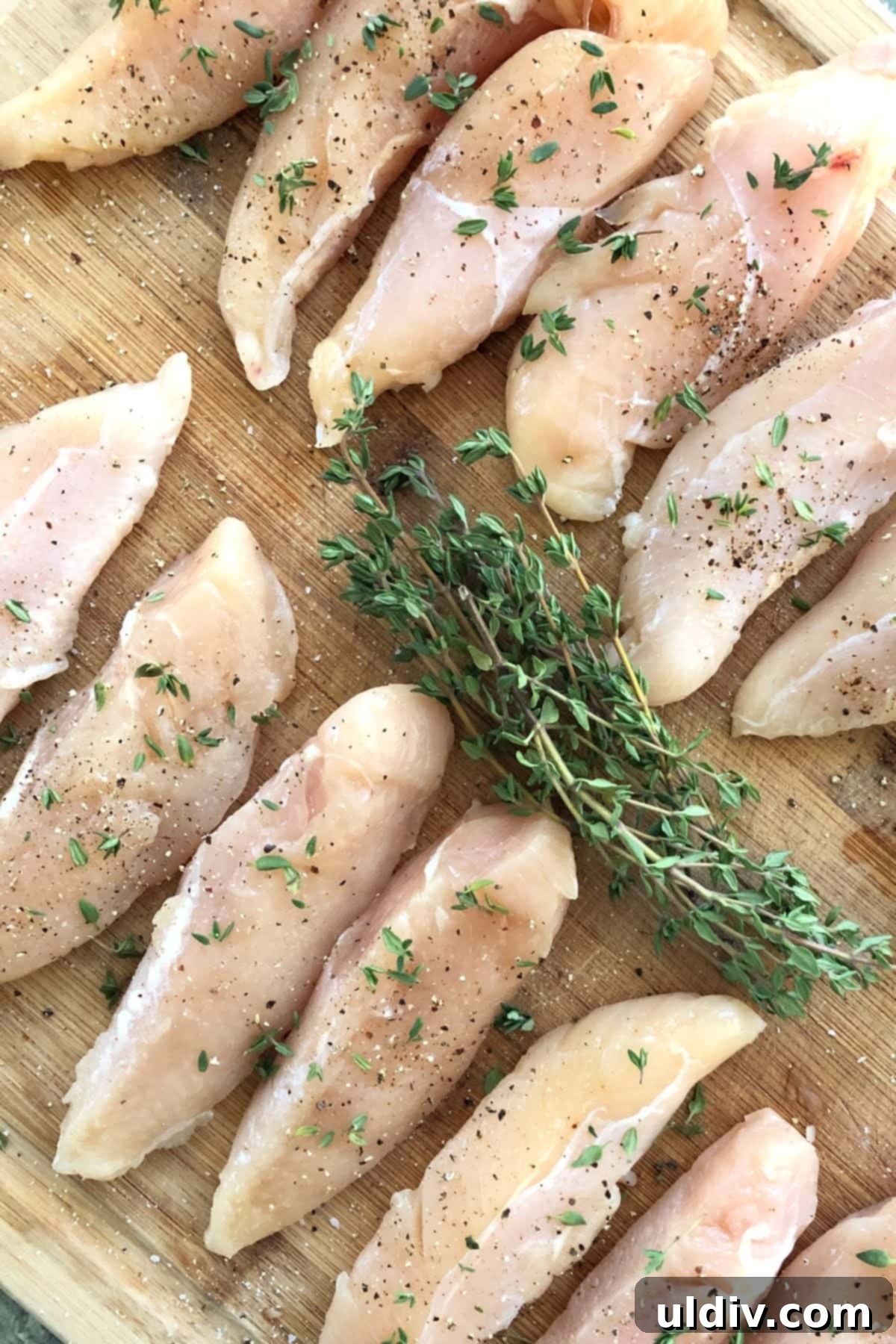 Raspberry Glazed Chicken with Toasted Almonds 3 Raw chicken tenderloins seasoned generously with salt, freshly ground pepper, and fragrant fresh thyme, prepared for a delicious balsamic chicken recipe.