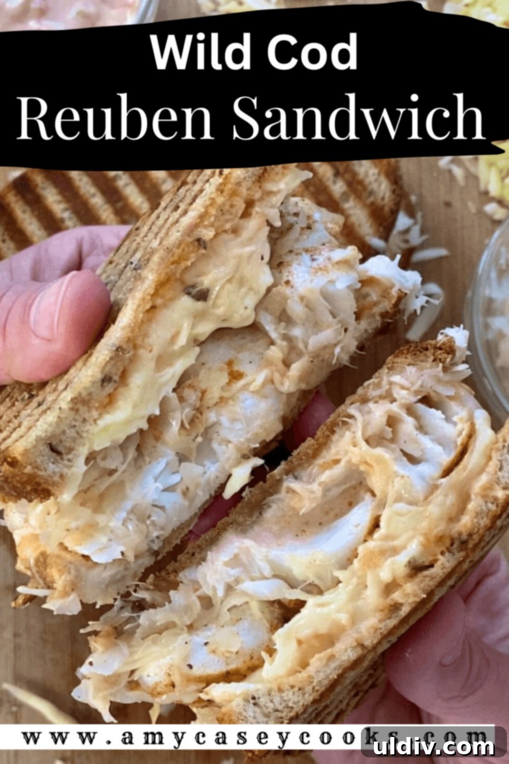 Wild Cod Reuben: Dressed in 30 Seconds 12 Two halves of a delicious fish reuben sandwich, presented beautifully on a plate.