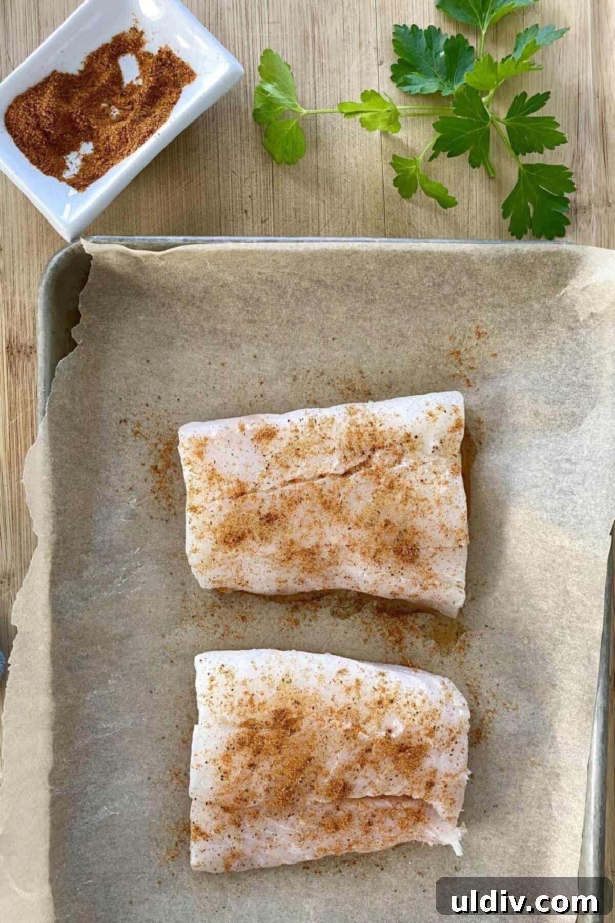 Wild Cod Reuben: Dressed in 30 Seconds 5 Close-up of wild cod fillets generously seasoned with Old Bay seasoning, ready for baking.