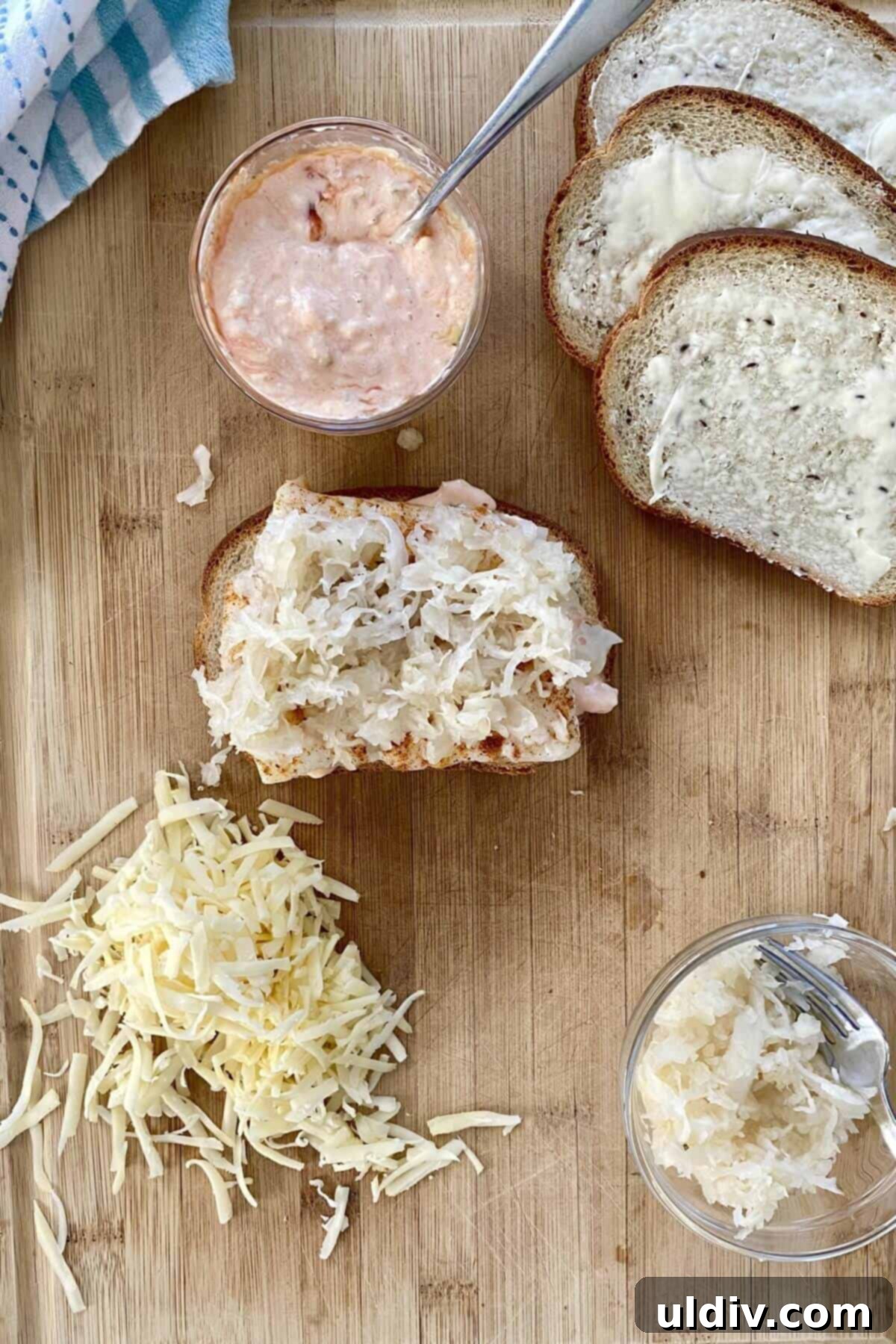 Wild Cod Reuben Sandwich with Zesty 30-Second Russian Dressing 9 Sauerkraut on a open faced reuben sandwich with cod.