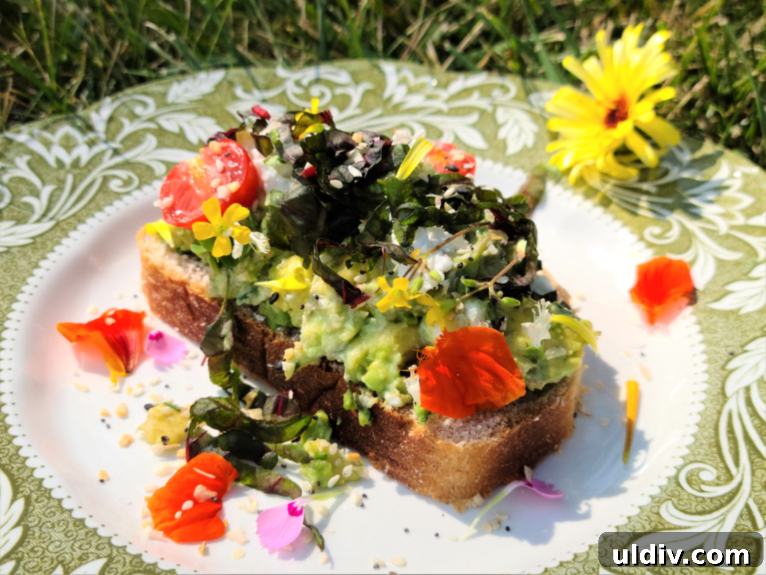 2024's Easiest Super Bowl Snacks 7 A vibrant and artfully arranged avocado toast on a rustic wooden board, laden with fresh ingredients and edible flowers, showcasing the abundant topping.