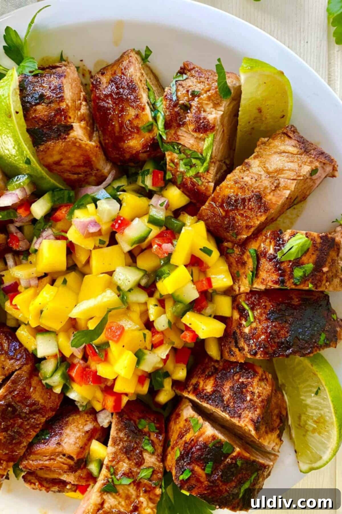 Tropical Heat Pork Tenderloin 2 A sliced pork with mango salsa.