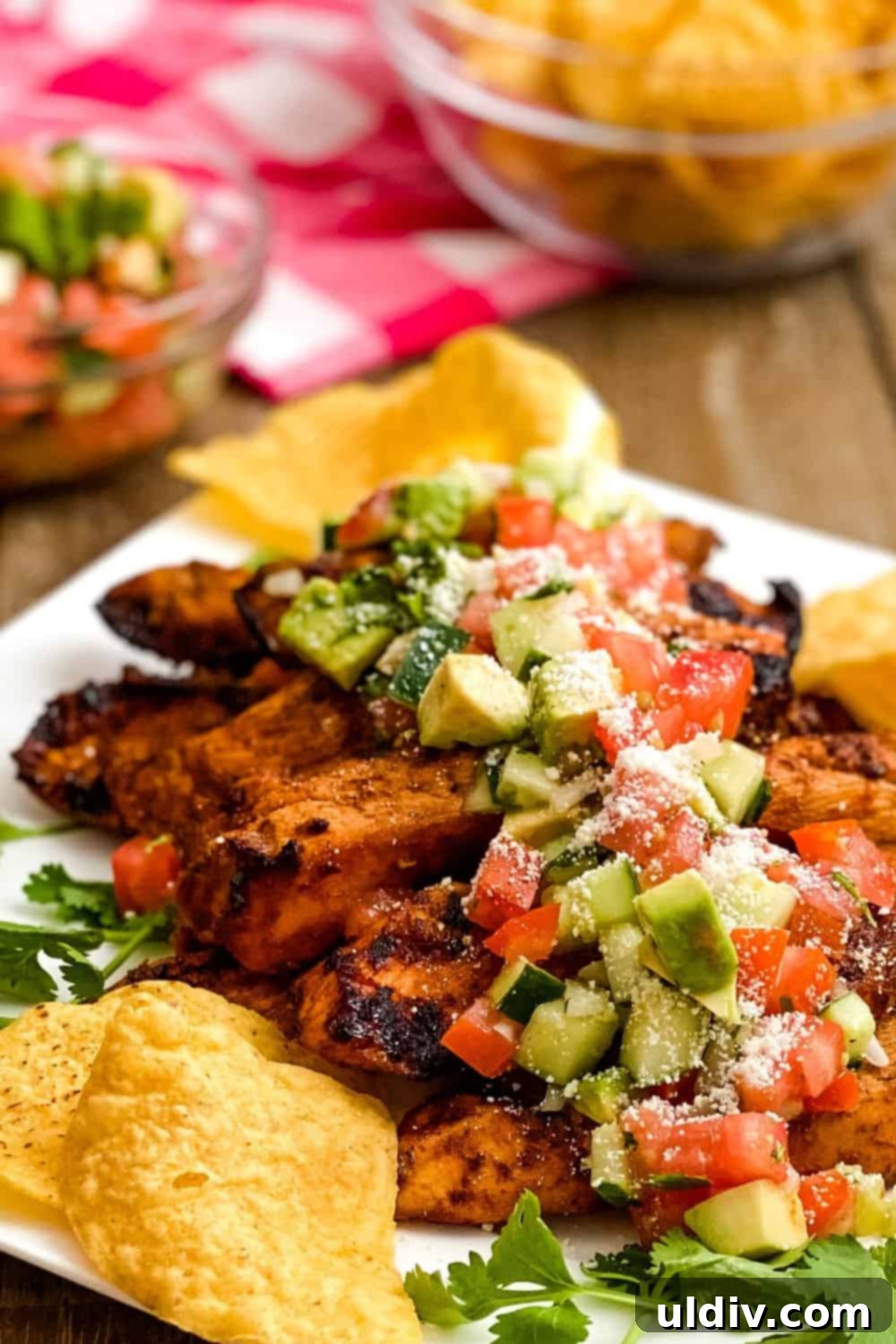 Zesty Lime Chili Chicken & Cool Avocado Salsa 2 Smoky grilled chili and lime marinated chicken with cool avocado tomato salsa