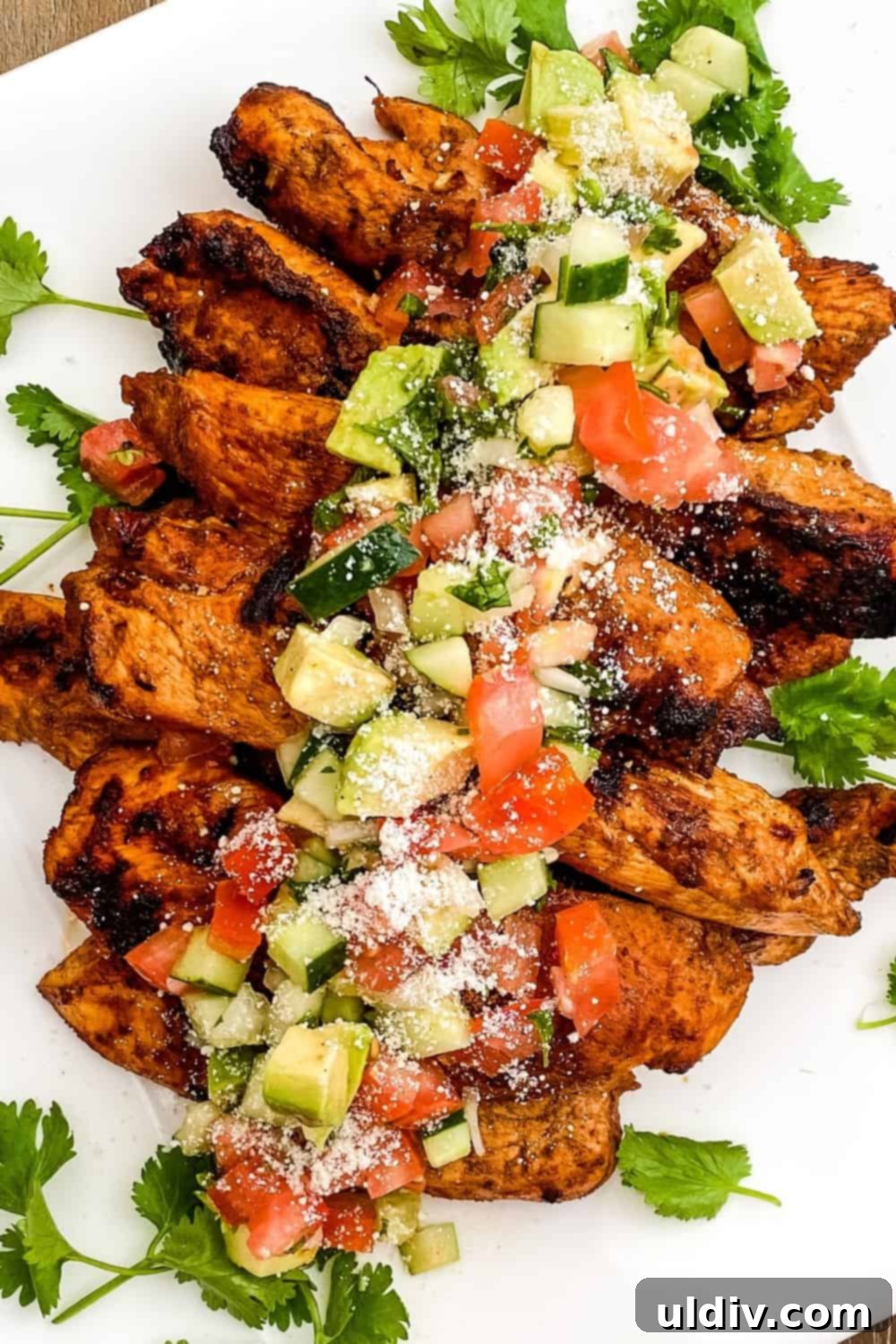 Zesty Lime Chili Chicken & Cool Avocado Salsa 3 Lime Chili Chicken served on a platter with salsa