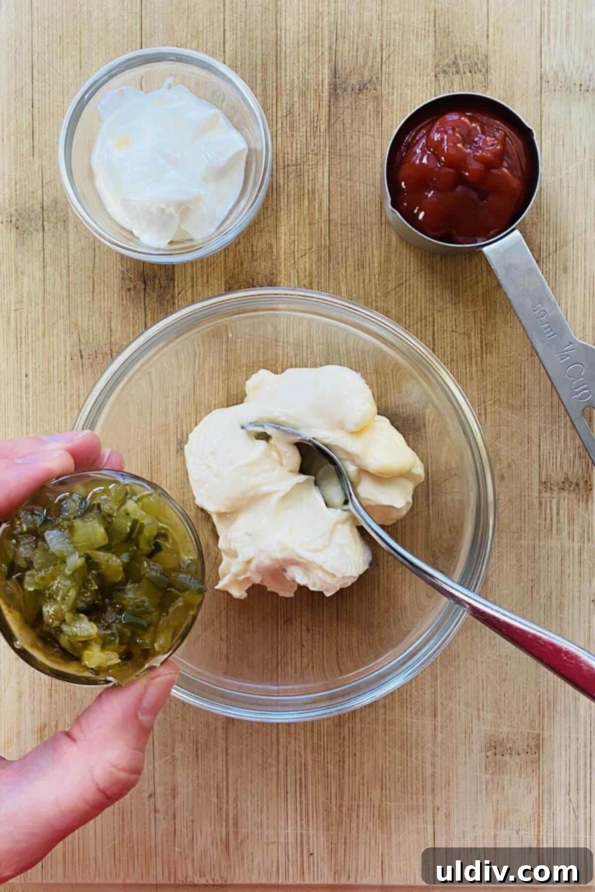 Loaded Big Mac Bowl 6 Adding sweet pickle relish to the mayonnaise base for Big Mac sauce.