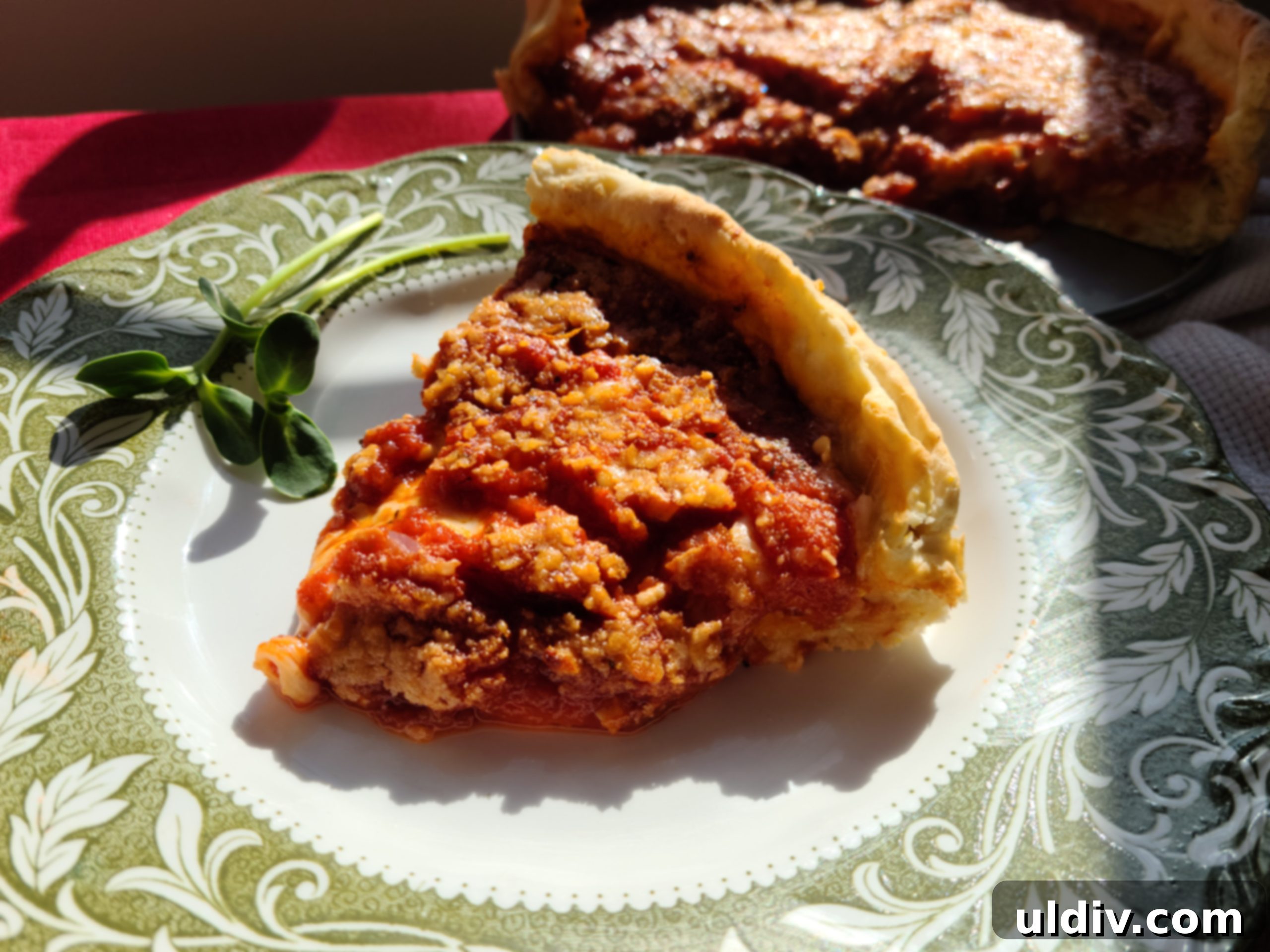 Deep Dive into Chicago Deep Dish 2 A vibrant slice of Chicago deep dish pizza, rich with melted mozzarella, savory pepperoni, and a thick, aromatic tomato sauce, glowing in natural light.