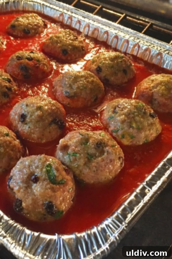 Hearty Sicilian Meatballs with Garden Fresh Basil Marinara 2 Flavorful Sicilian meatballs baking in a rich basil marinara sauce, showcasing their unique texture and golden-brown finish.