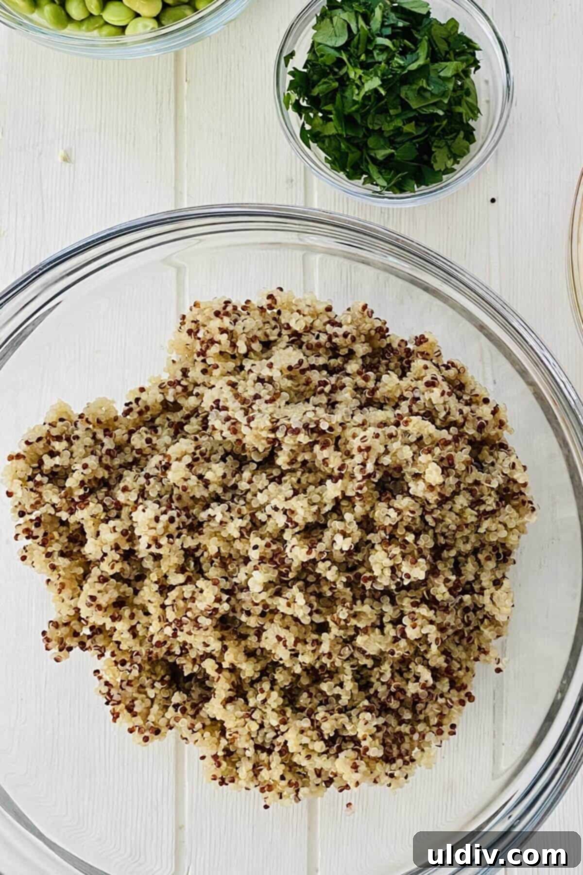 Sesame Kissed Tricolor Quinoa Salad 4 perfectly cooked tricolor quinoa in a glass bowl, light and fluffy.