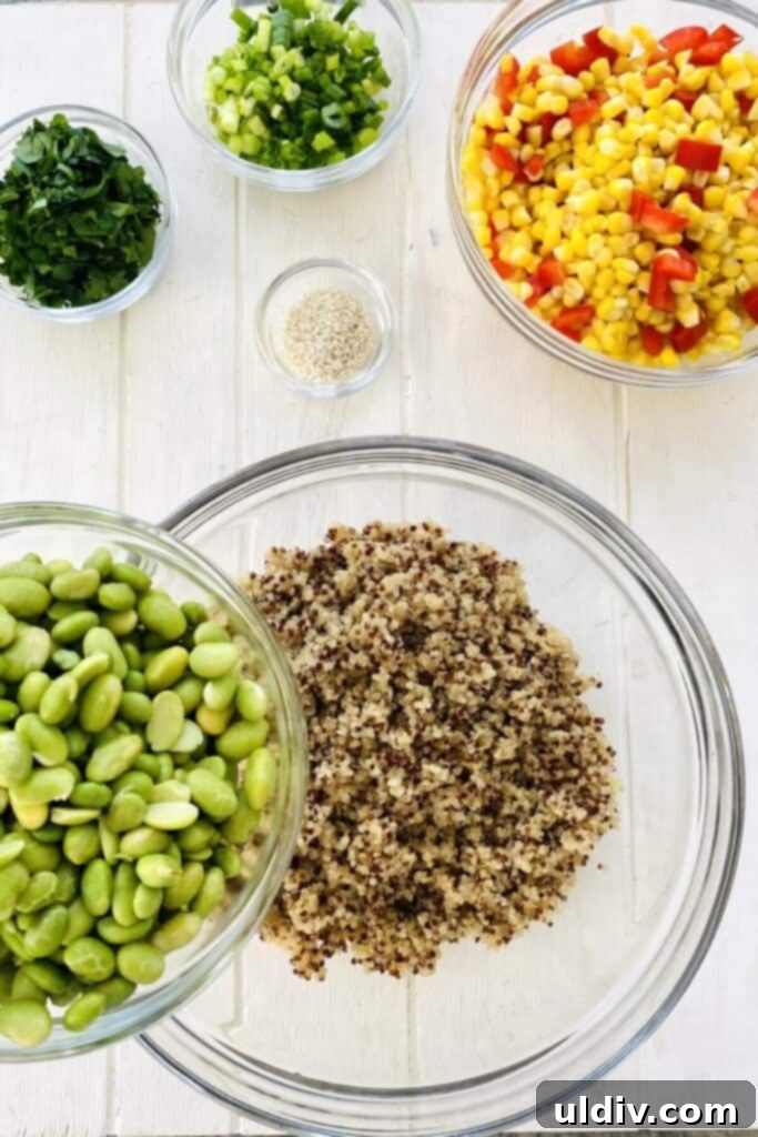 Sesame Kissed Tricolor Quinoa Salad 6 adding edamame to cooked quinoa in a bowl, a vibrant green addition.