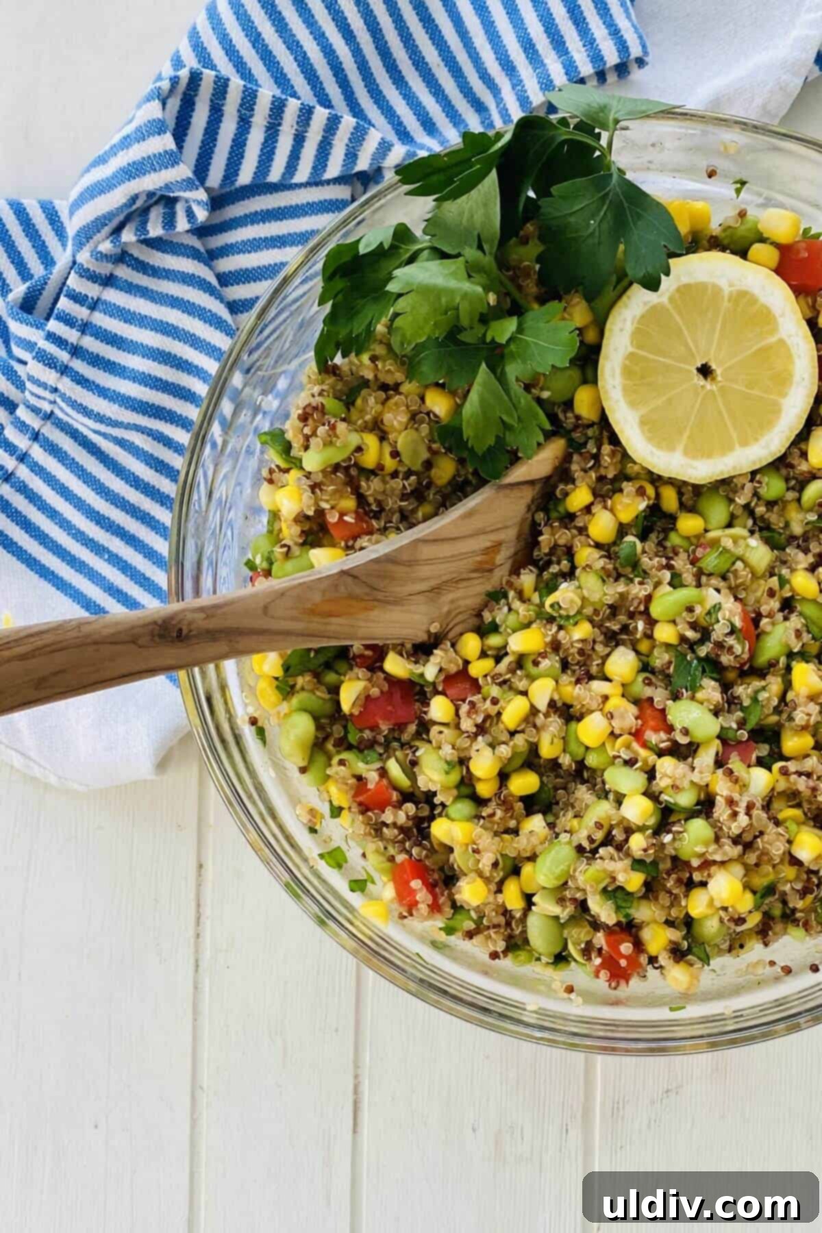 Quinoa Rainbow Salad with Sesame Vinaigrette 9 tricolor quinoa recipe salad in a large serving bowl.
