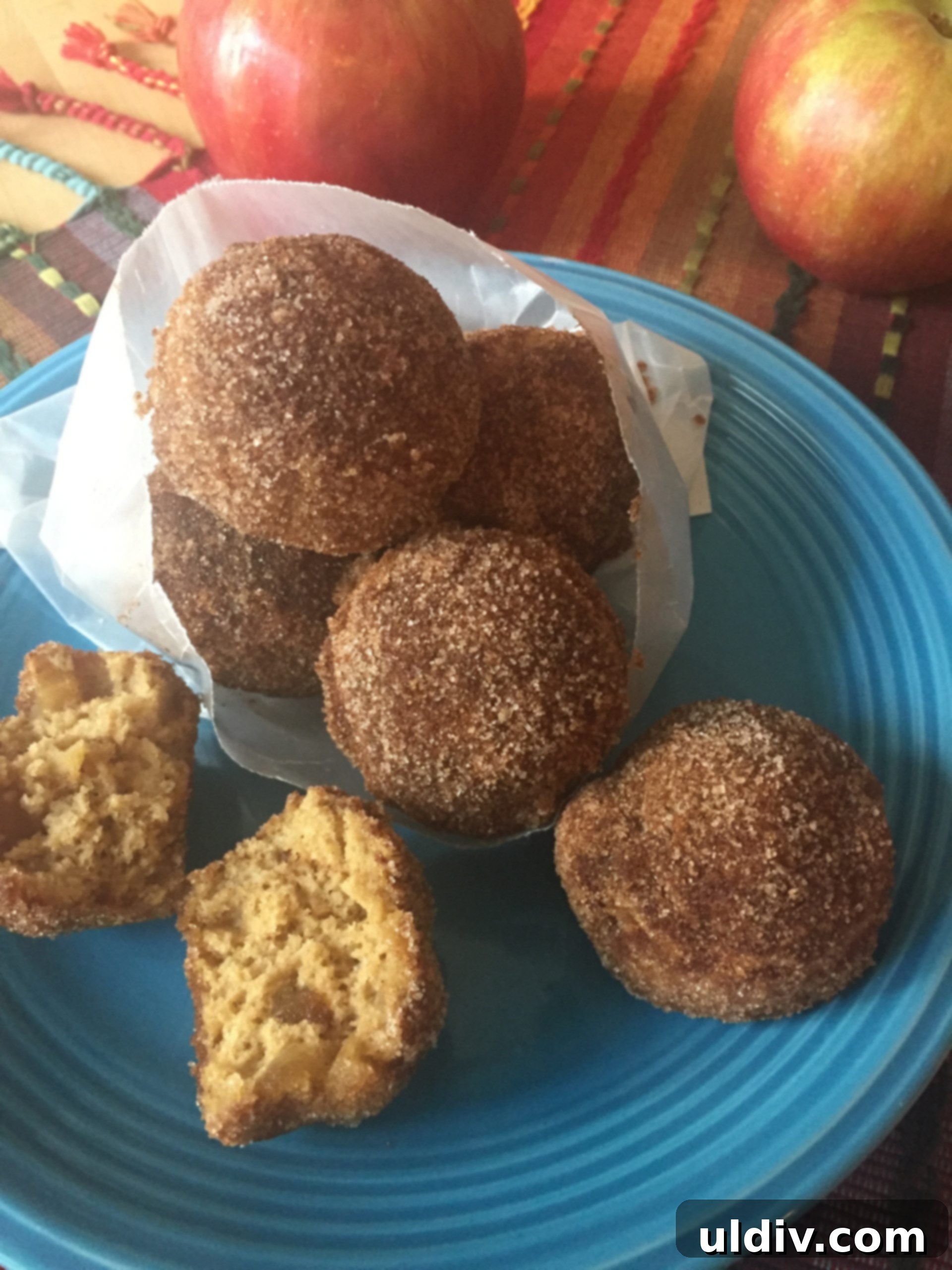 Cinnamon Caramel Apple Pie Doughnut Gems 2 Delicious baked apple pie donuts, glazed with cinnamon sugar, arranged on an elegant blue plate.