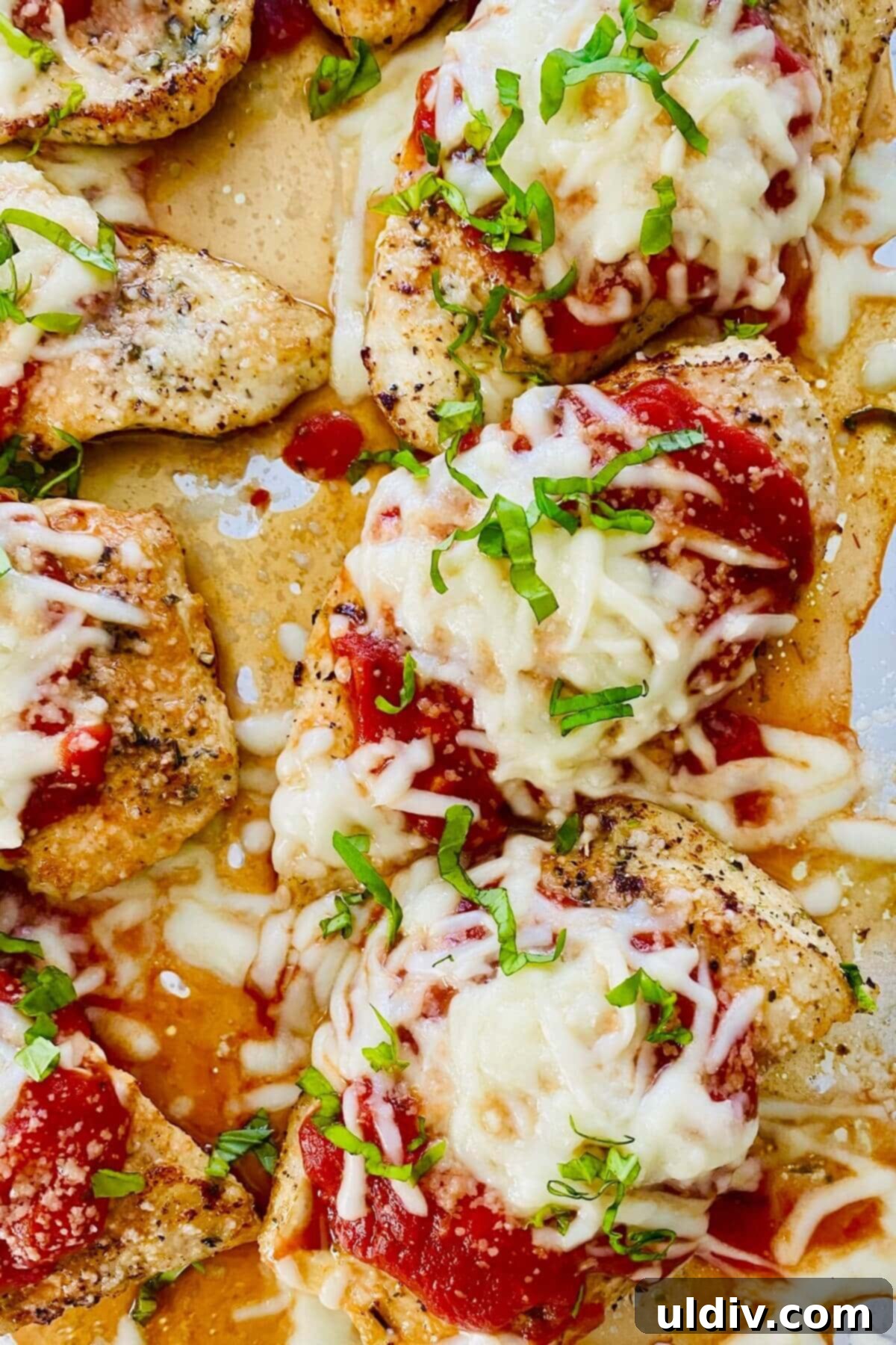 A piece of low carb chicken parmesan with fresh basil.