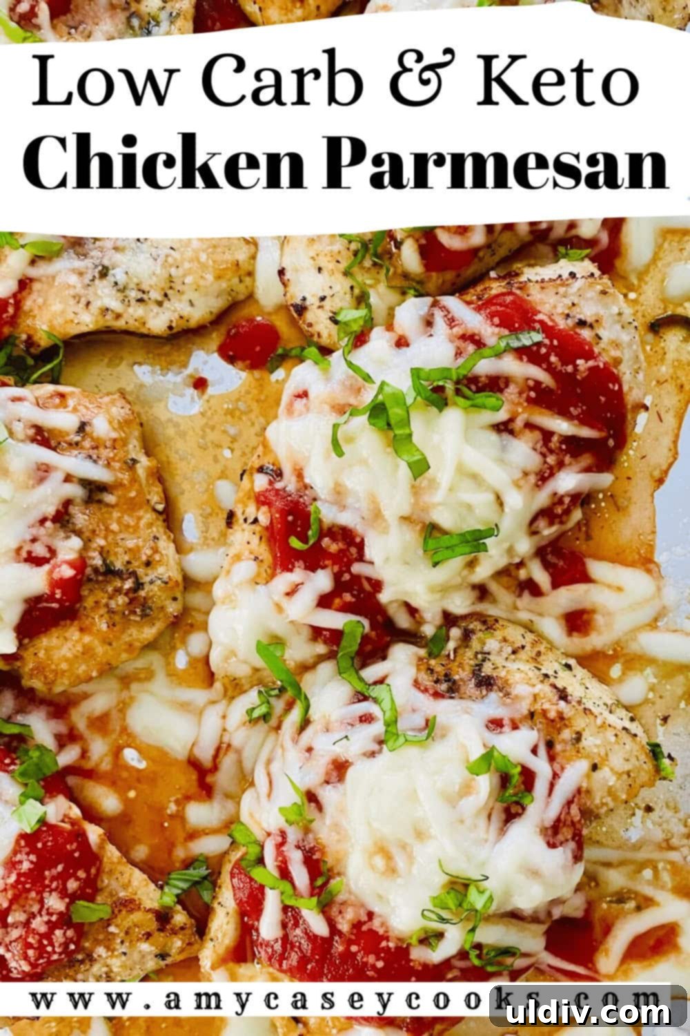 Quick and Healthy 20-Minute Low-Carb Chicken Parmesan 6 A perfectly baked keto chicken parmesan, garnished with fresh herbs, ready to be served.
