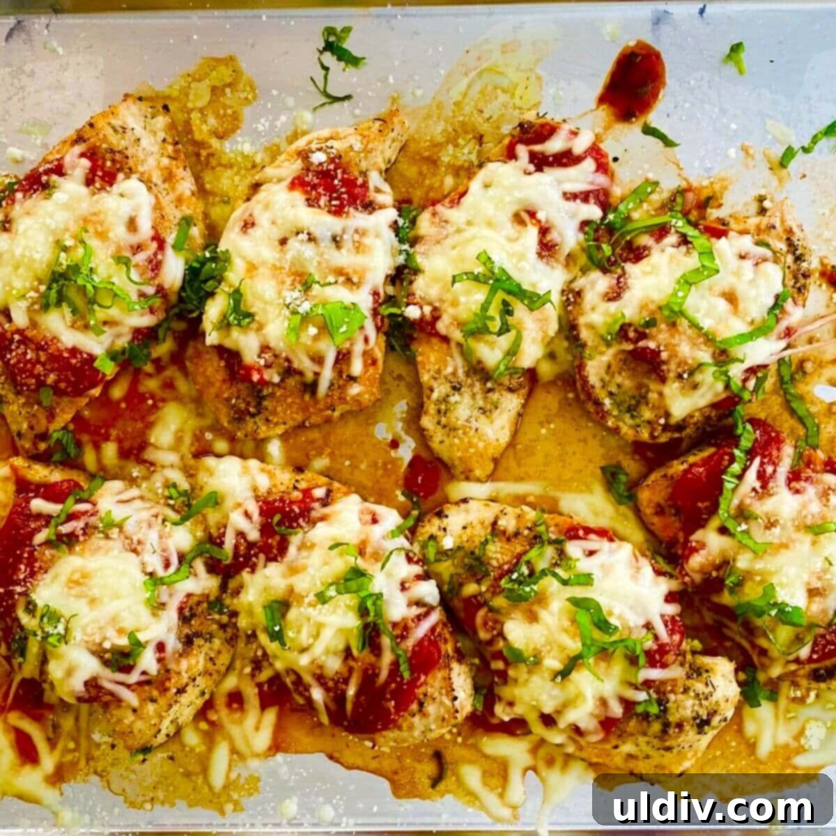 Cooked chicken parmesan on a plate with fresh basil.