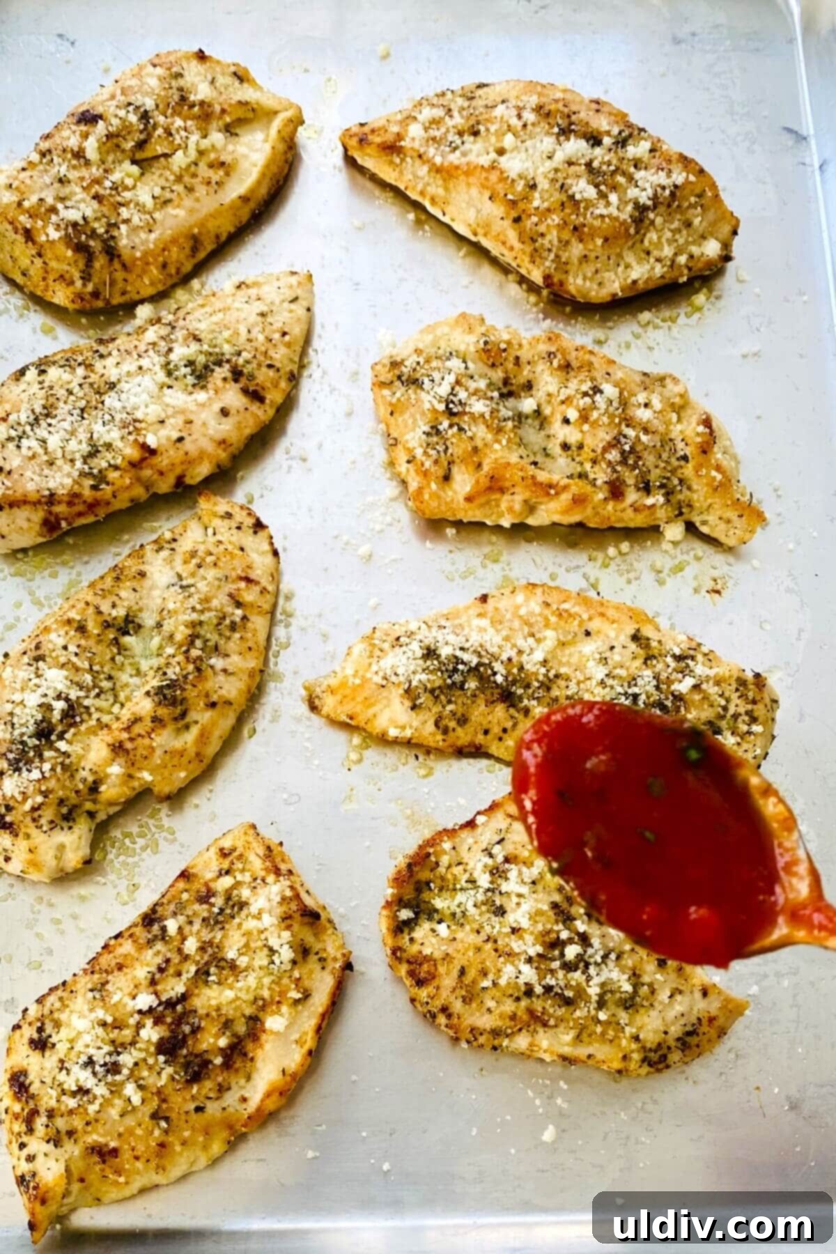 Adding marinara sauce to cooked chicken on a baking sheet.