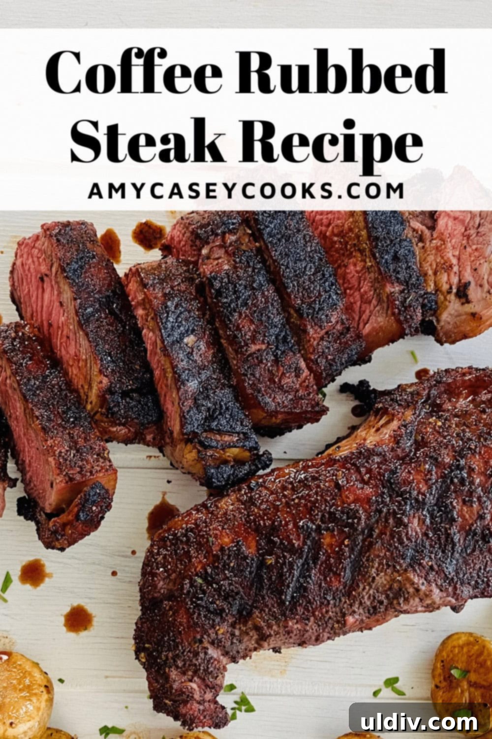 Dark Roast Steak Delight 14 sliced coffee rubbed steak.