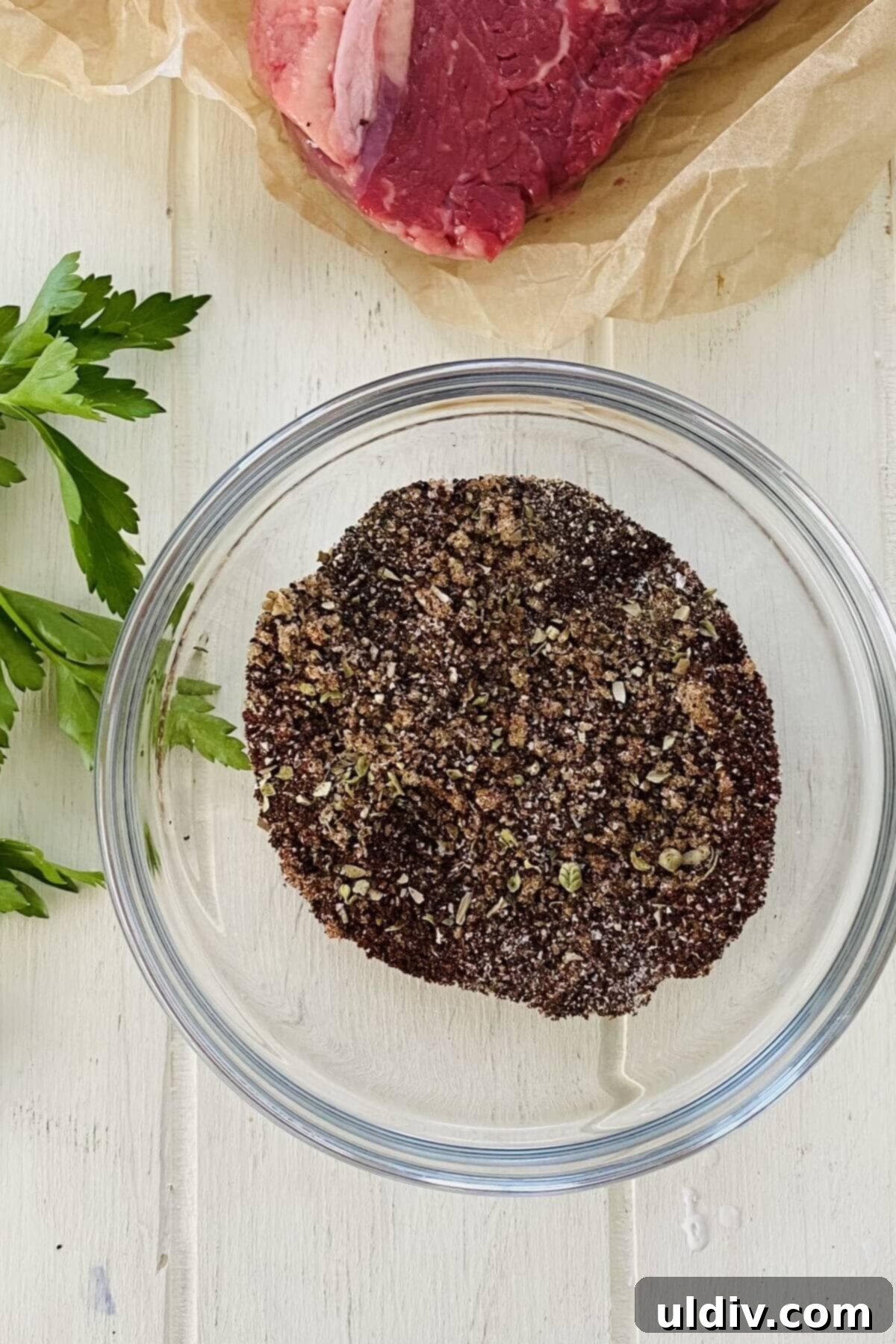 Tender Smoky Coffee Rubbed Steak 5 A bowl containing the mixed coffee rubbed steak seasoning.