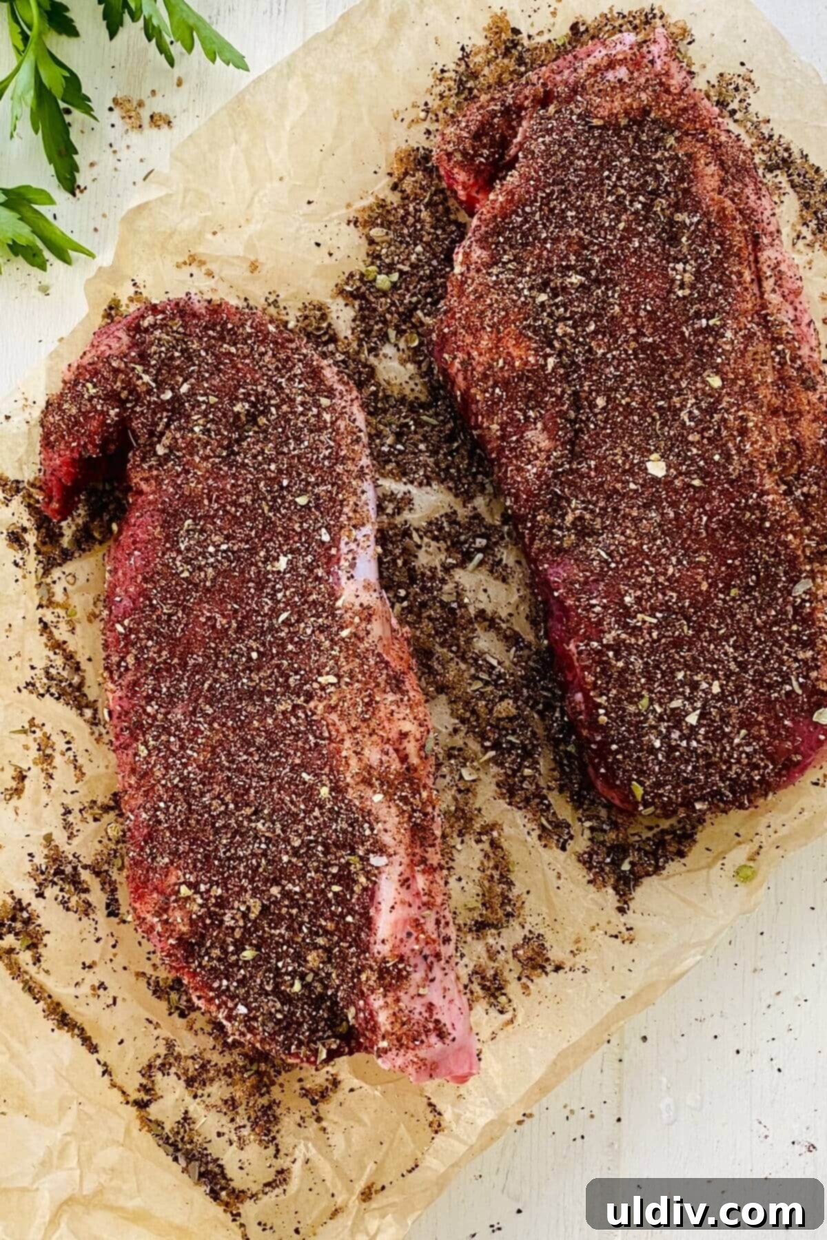 Dark Roast Steak Delight 6 Strip steaks rubbed with spices.
