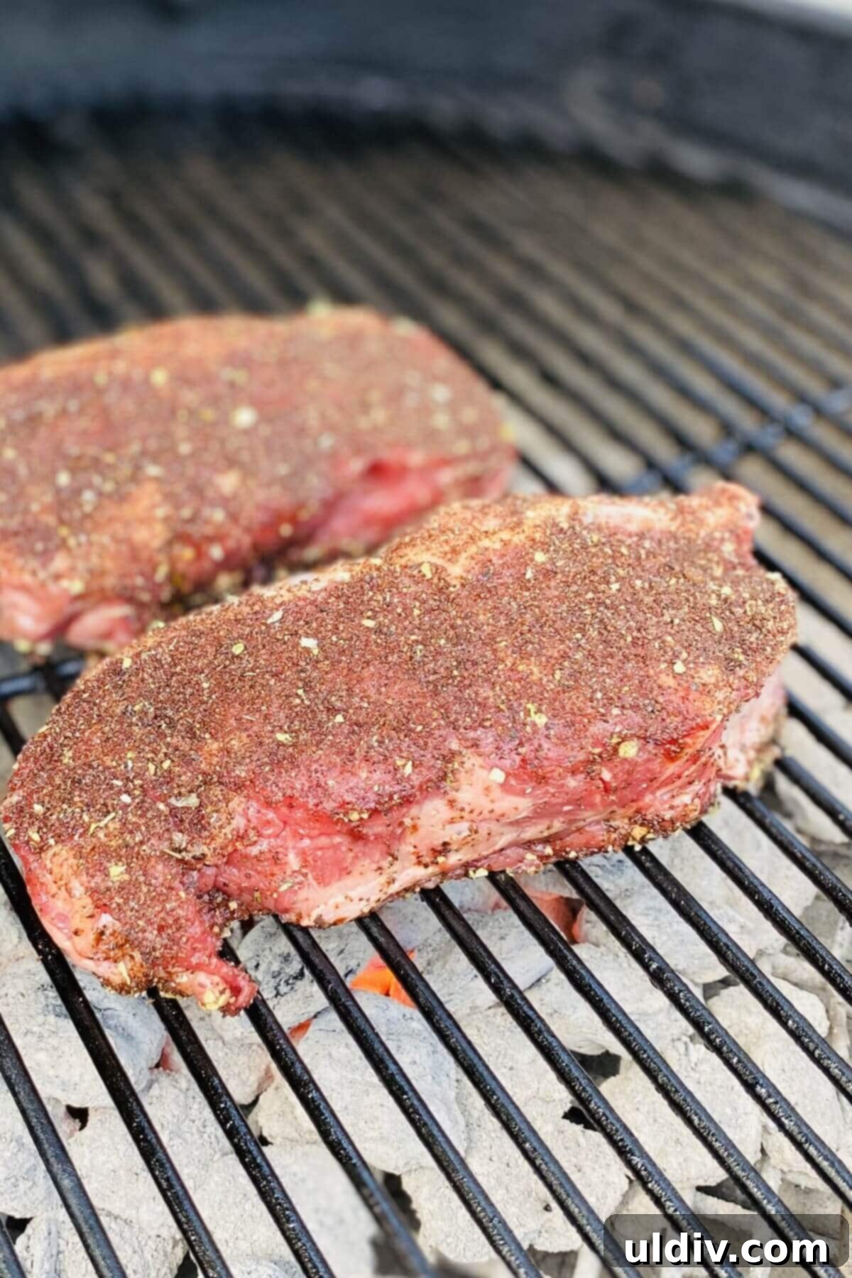 Dark Roast Steak Delight 7 Coffee-rubbed steaks on grill.