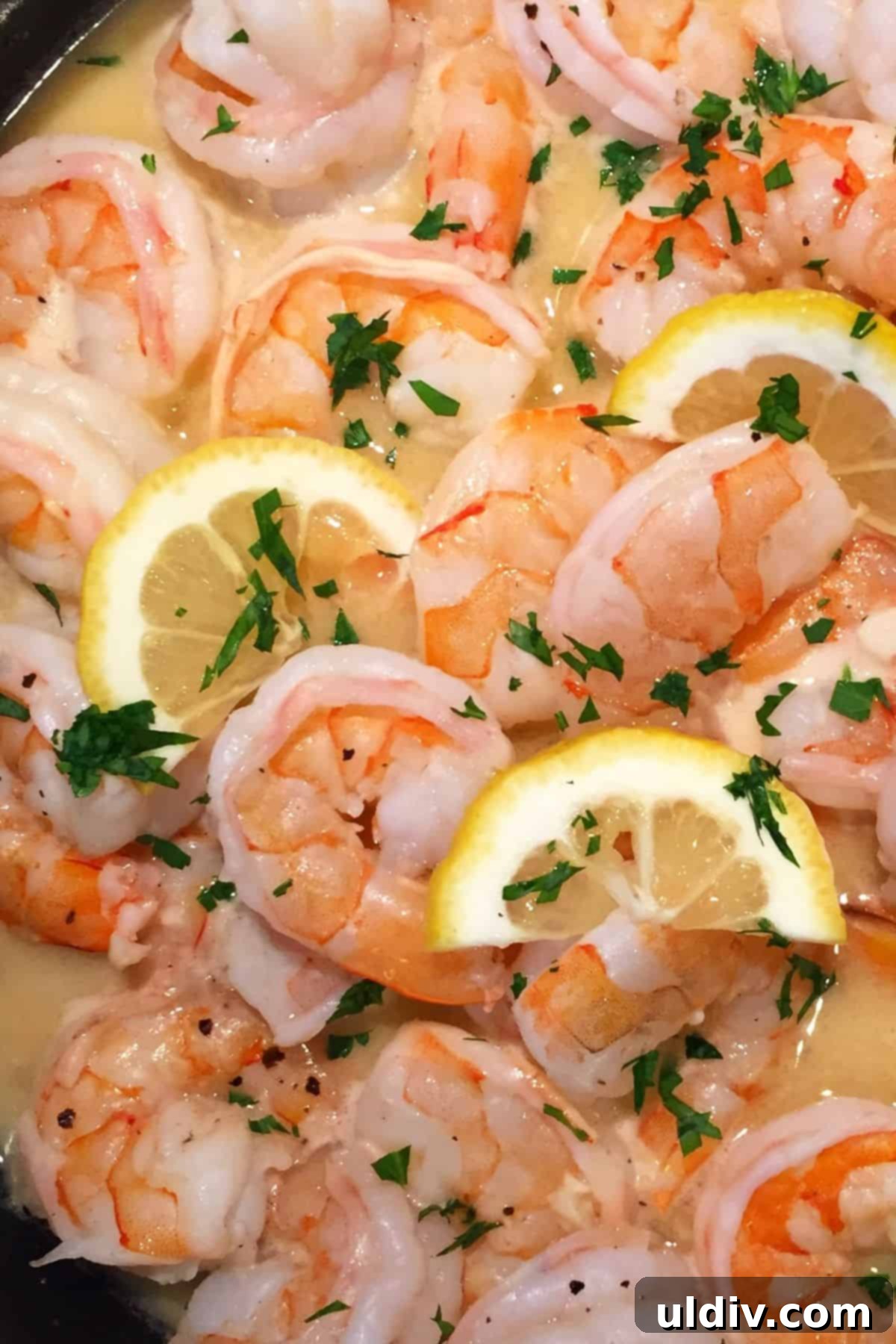 Zesty Lemon Garlic Shrimp Scampi 3 shrimp scampi with lemon slices.