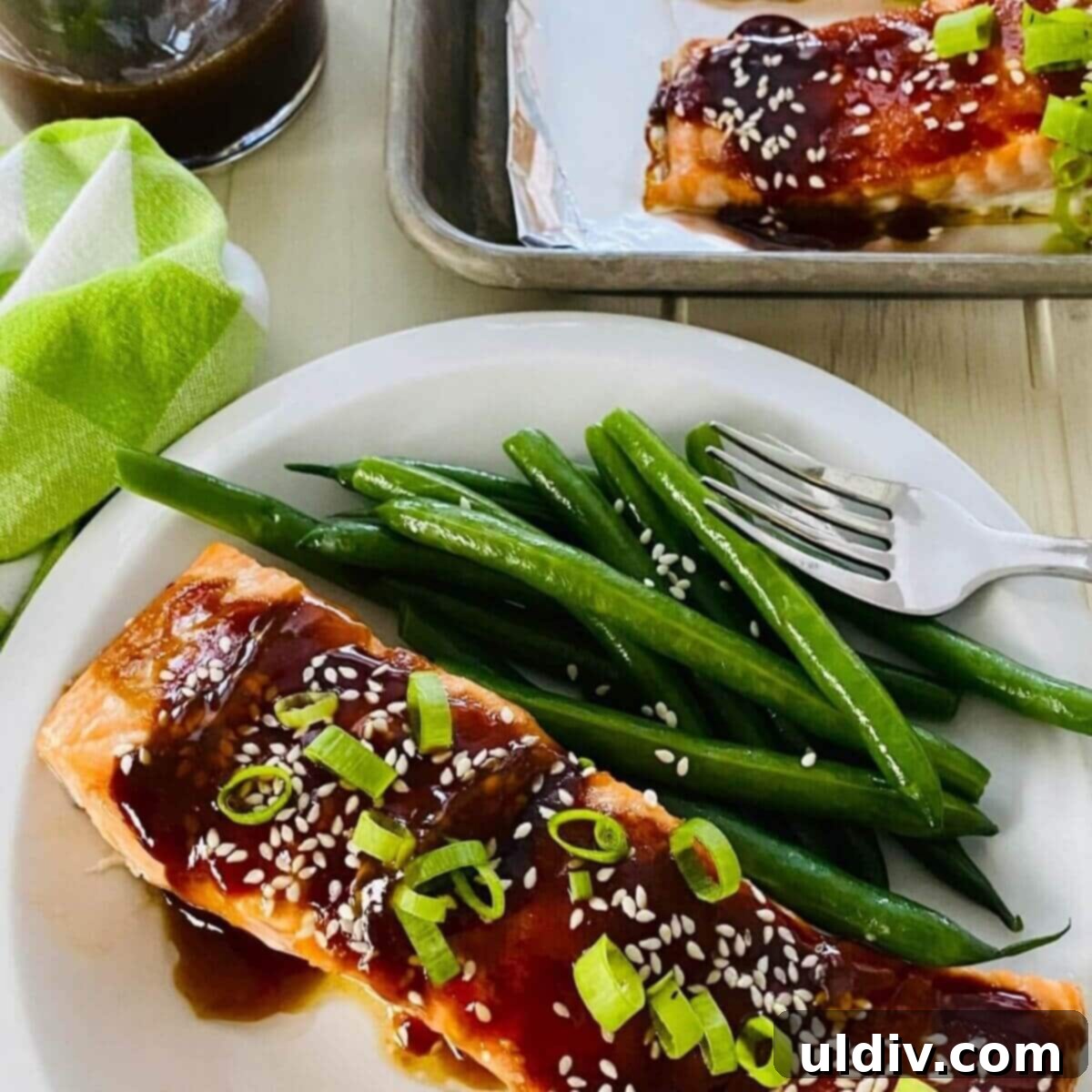 Glazed Teriyaki Salmon 2 baked teriyaki glazed salmon recipe with green beans.