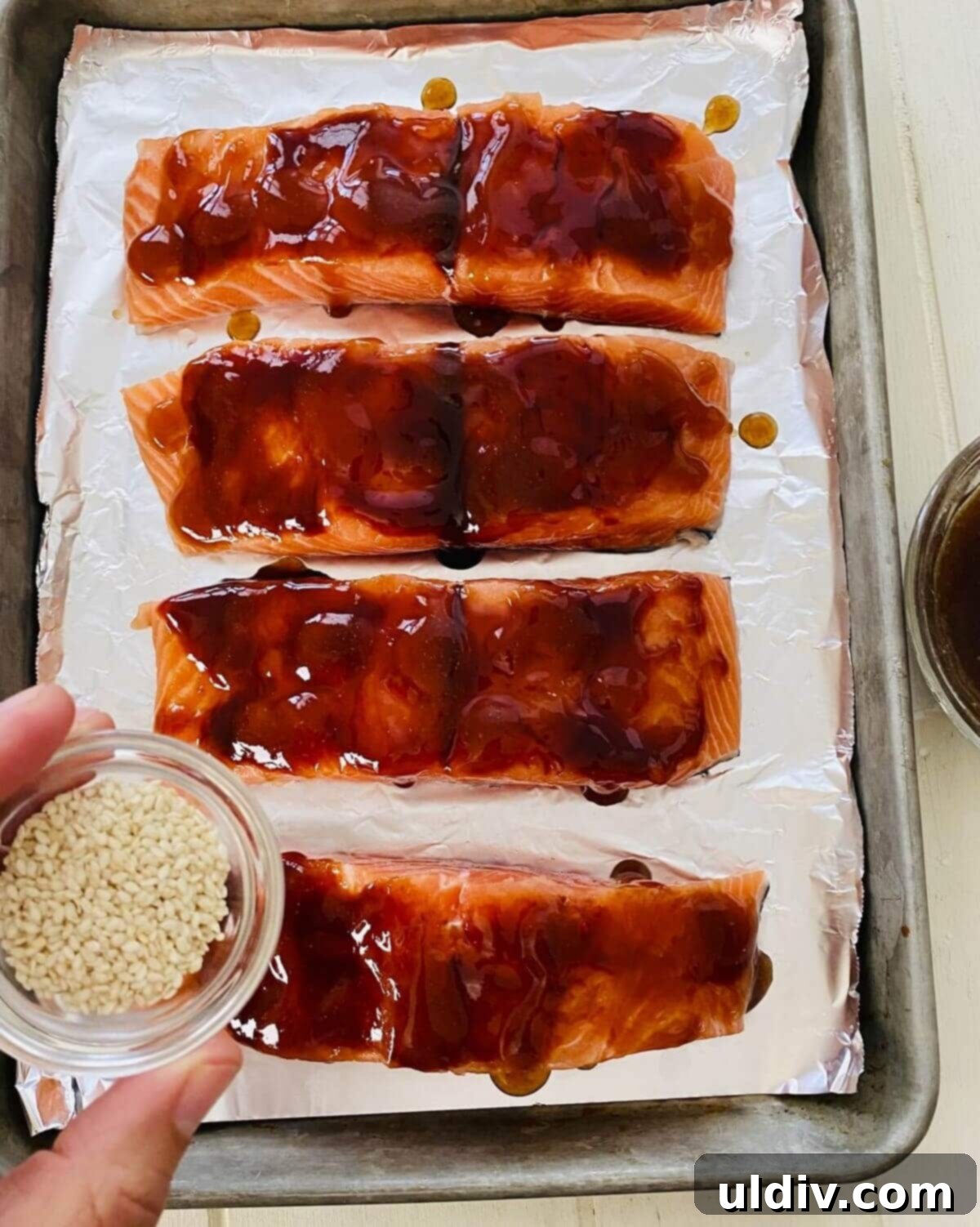 Glazed Teriyaki Salmon 9 salmon topped with hoisin and teriyaki sauces.