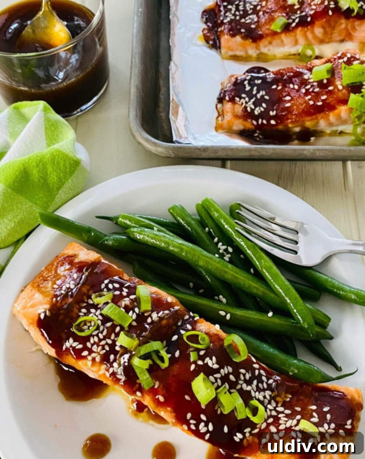 Glazed Teriyaki Salmon 10 baked teriyaki salmon with green beans.