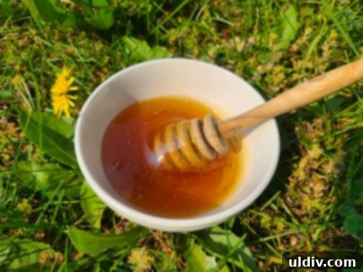 Summer Baking Bliss 5 A small jar filled with golden homemade dandelion honey, glistening in the light