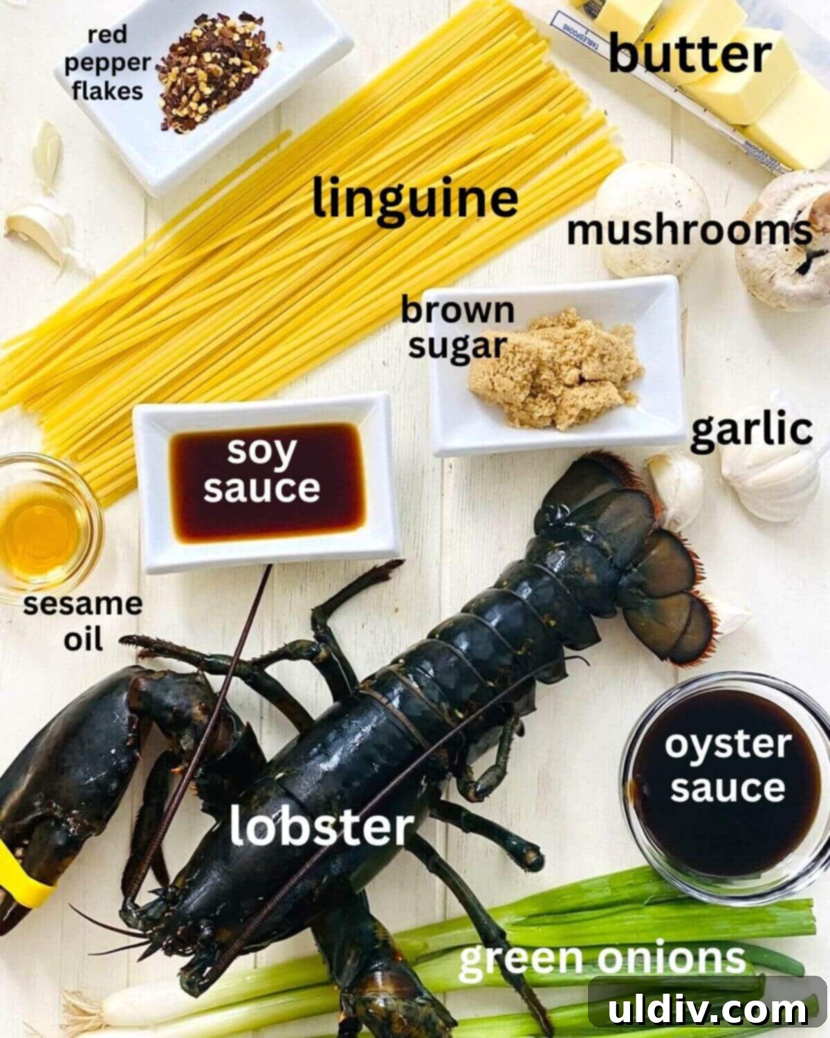 Decadent Garlic Lobster Noodles 3 lobster, linguine, brown sugar, garlic, sesame oil, mushrooms.