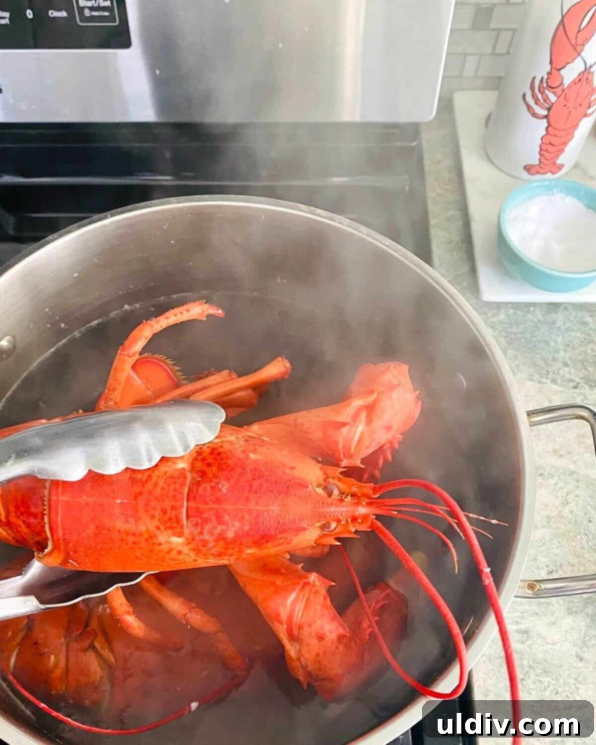 Decadent Garlic Lobster Noodles 4 A freshly steamed lobster, vibrant red and ready for meat extraction, for the Garlic Lobster Noodles recipe.