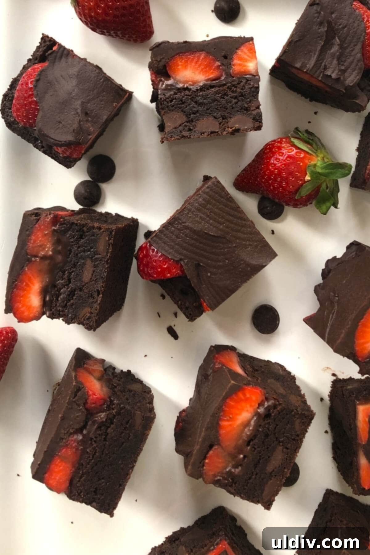 Fudgy Chocolate-Dipped Brownies with Fresh Strawberries 10 Small, perfectly cut squares of chocolate strawberry brownies, ready to be served, showing their distinct layers.