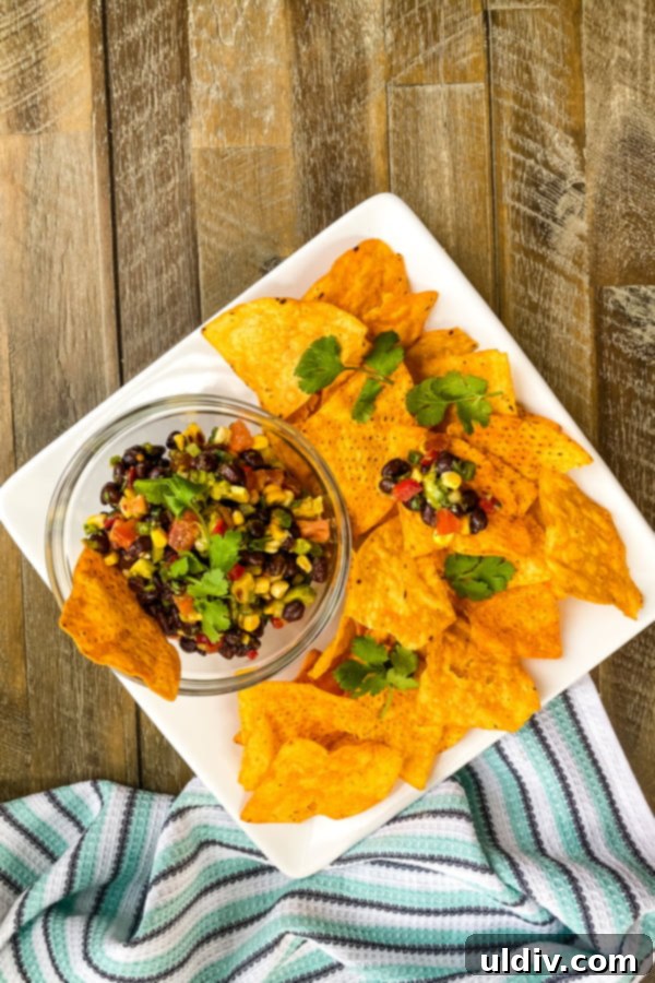 Avocado Bean Texas Caviar 5 large plate of tortilla chips with Texas Caviar