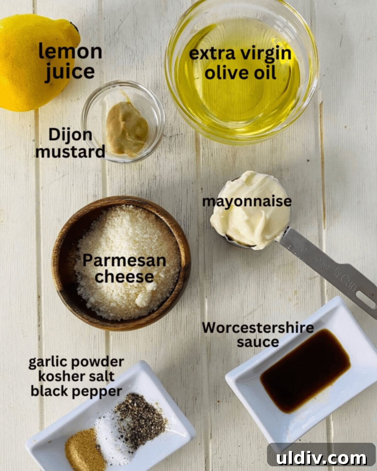 Homemade Caesar Dressing No Anchovies 4 olive oil, lemon, mayo, mustard, salt.