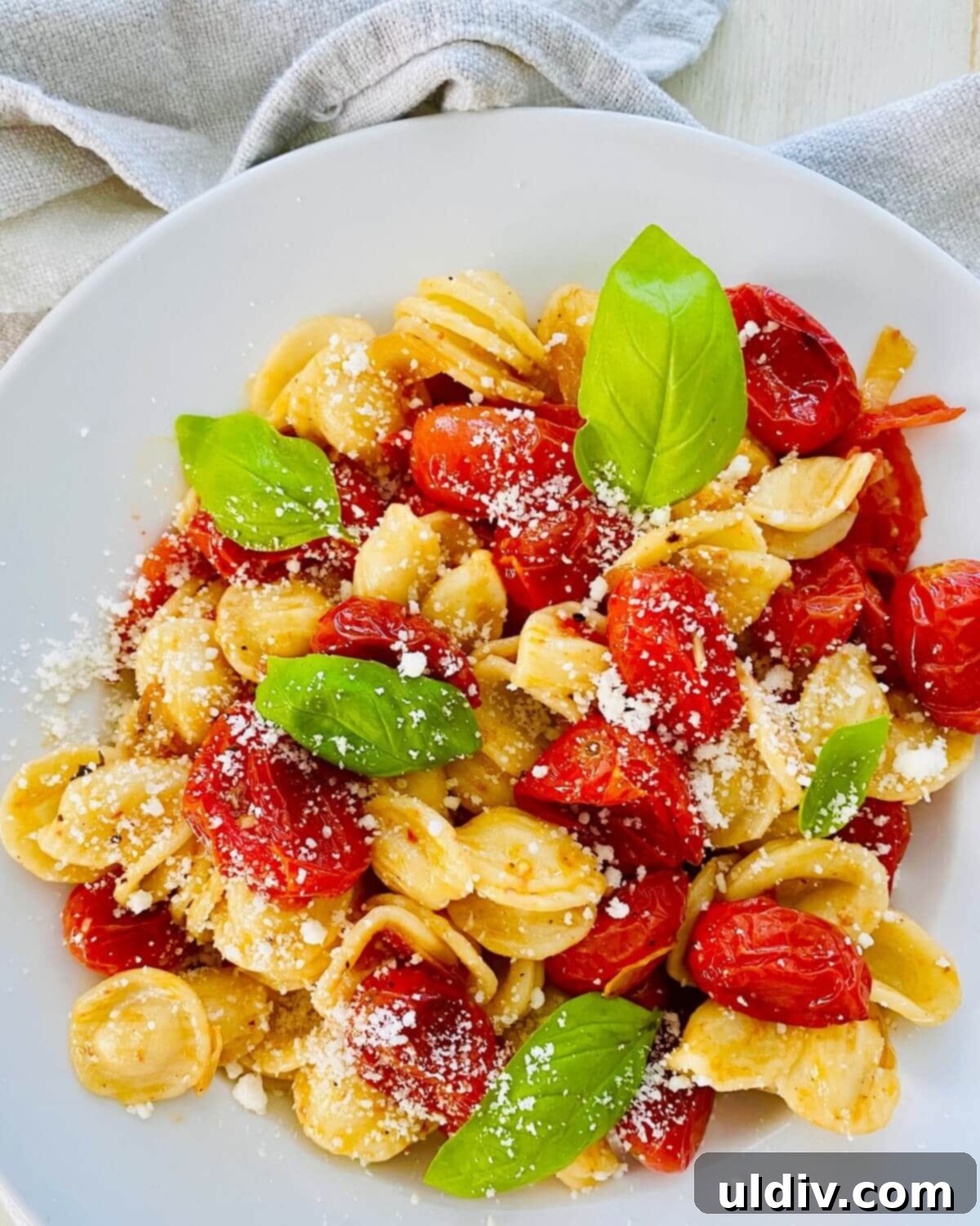 Sweet Oven Roasted Cherry Tomato Pasta 2 A vibrant bowl of roasted cherry tomato pasta, featuring plump, caramelized cherry tomatoes, fresh basil, and perfectly cooked pasta, all topped with grated Parmesan cheese.