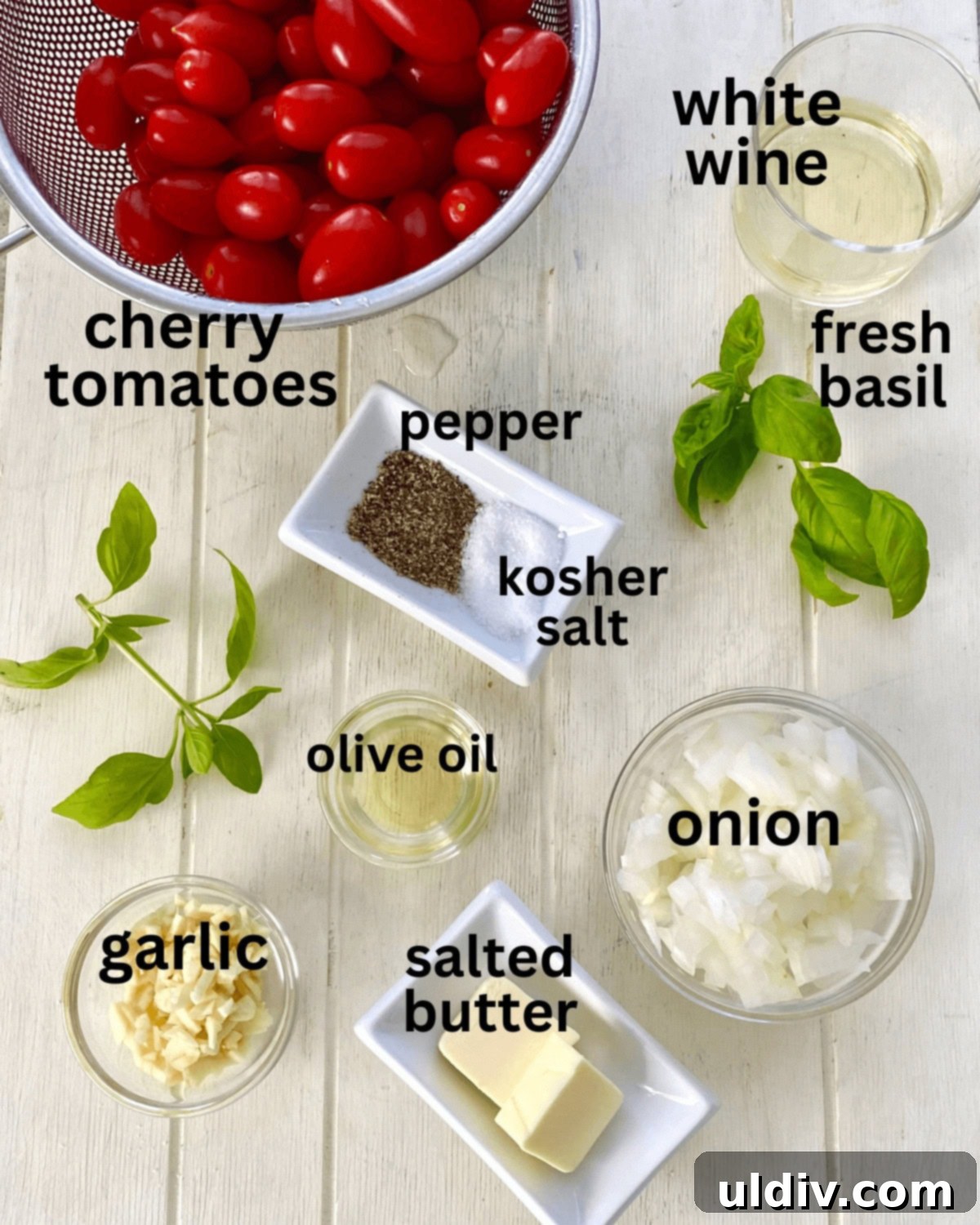 Oven-Kissed Cherry Tomato Pasta 4 cherry tomatoes, garlic, onion, fresh basil, salted butter, olive oil.